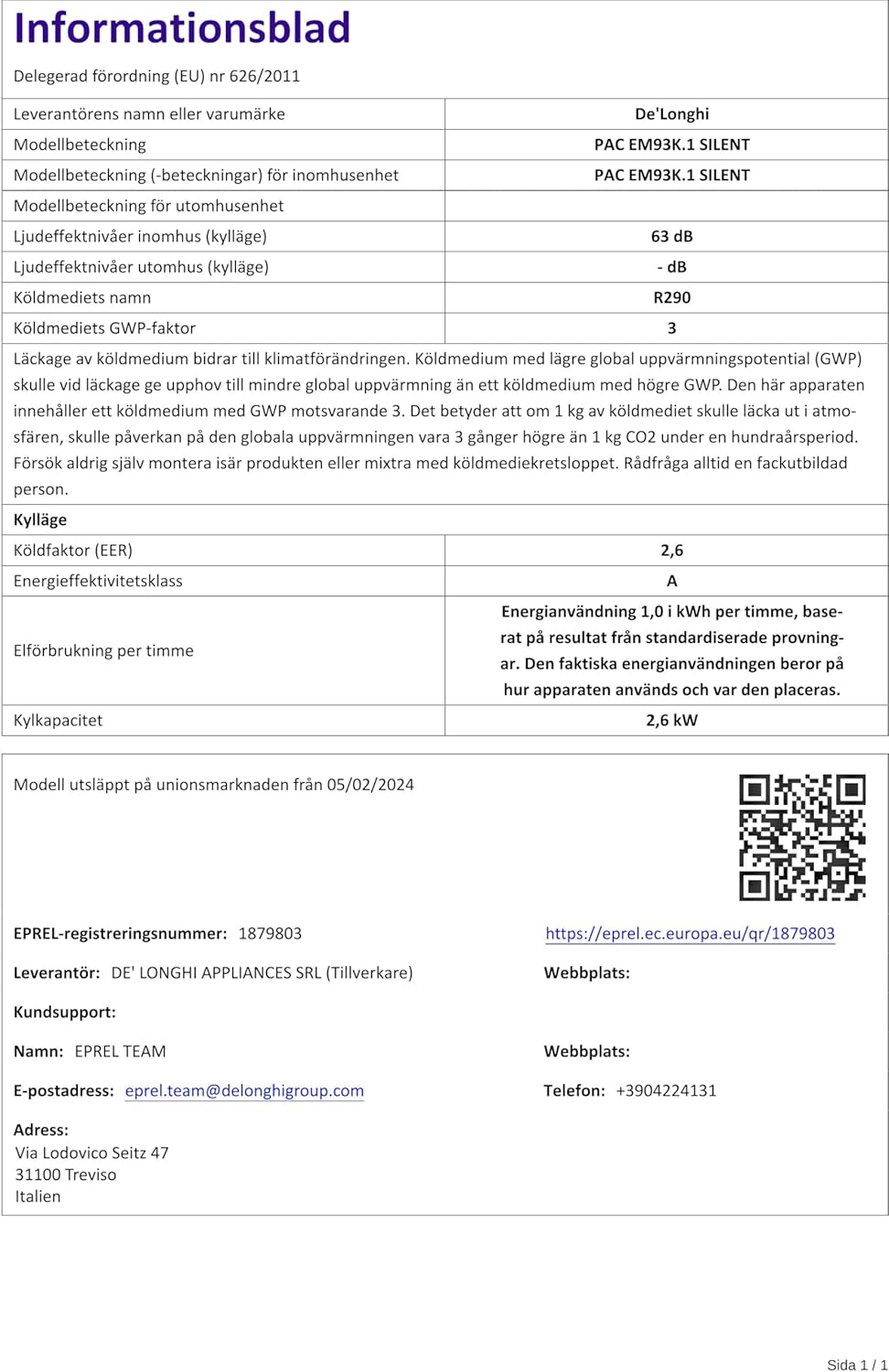 De'Longhi EM Series Pinguino Pac EM93K Silent, Aire Acondicionado Portátil Silencioso, 10.500 BTU/h, 90m3, 2.6 kW, 3 Velocidades, Gas R290, 1105 W, 90 Cubic_Feet, 63 Decibeles, White [Clase de eficiencia energética A]