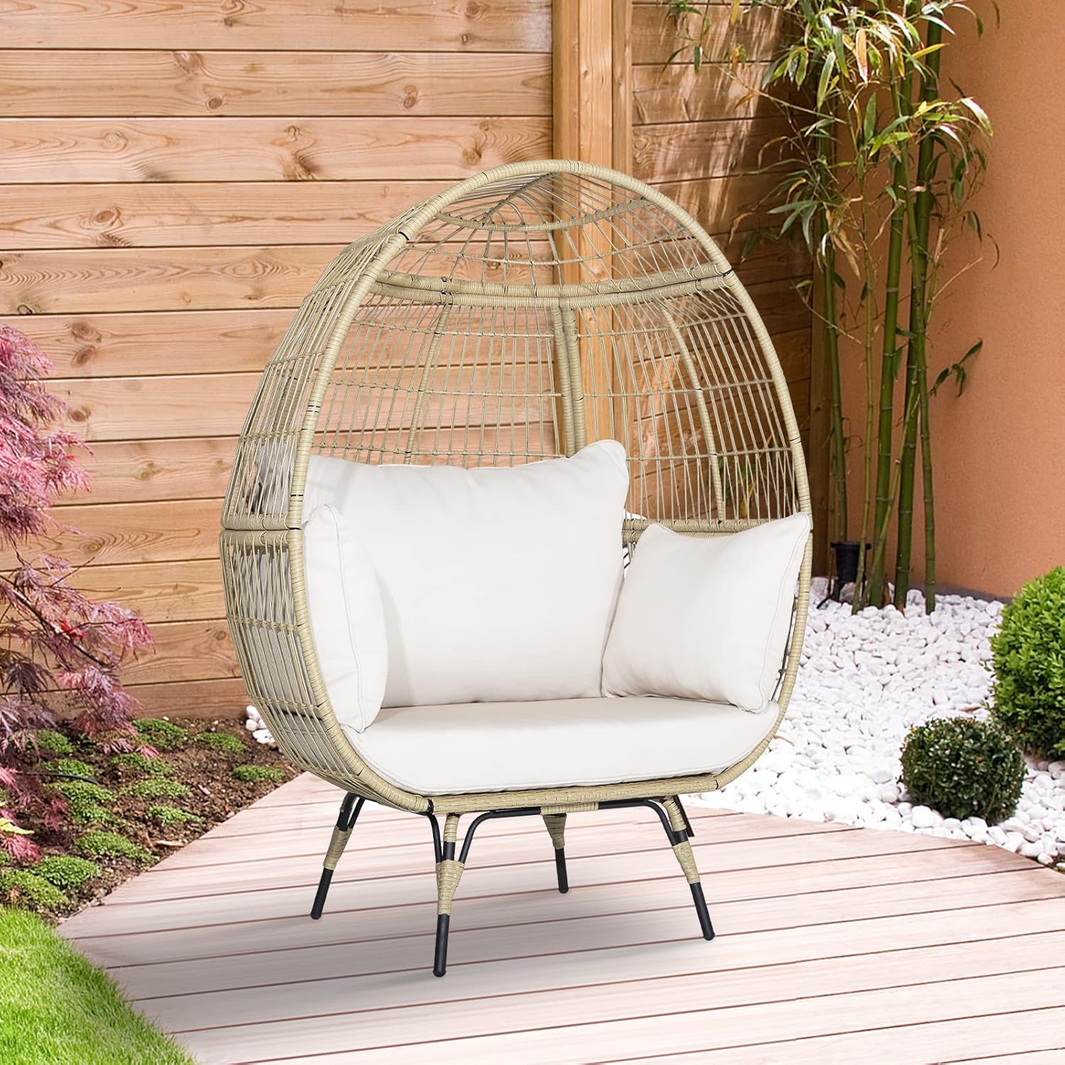 Fauteuil Œuf en Rotin PE avec 4 Coussins Rembourrés, Charge 180KG, Chaise Relax avec Cadre en Métal, Convient pour Salon, Jardin, Terrasse, Patio, 110X82X145 CM