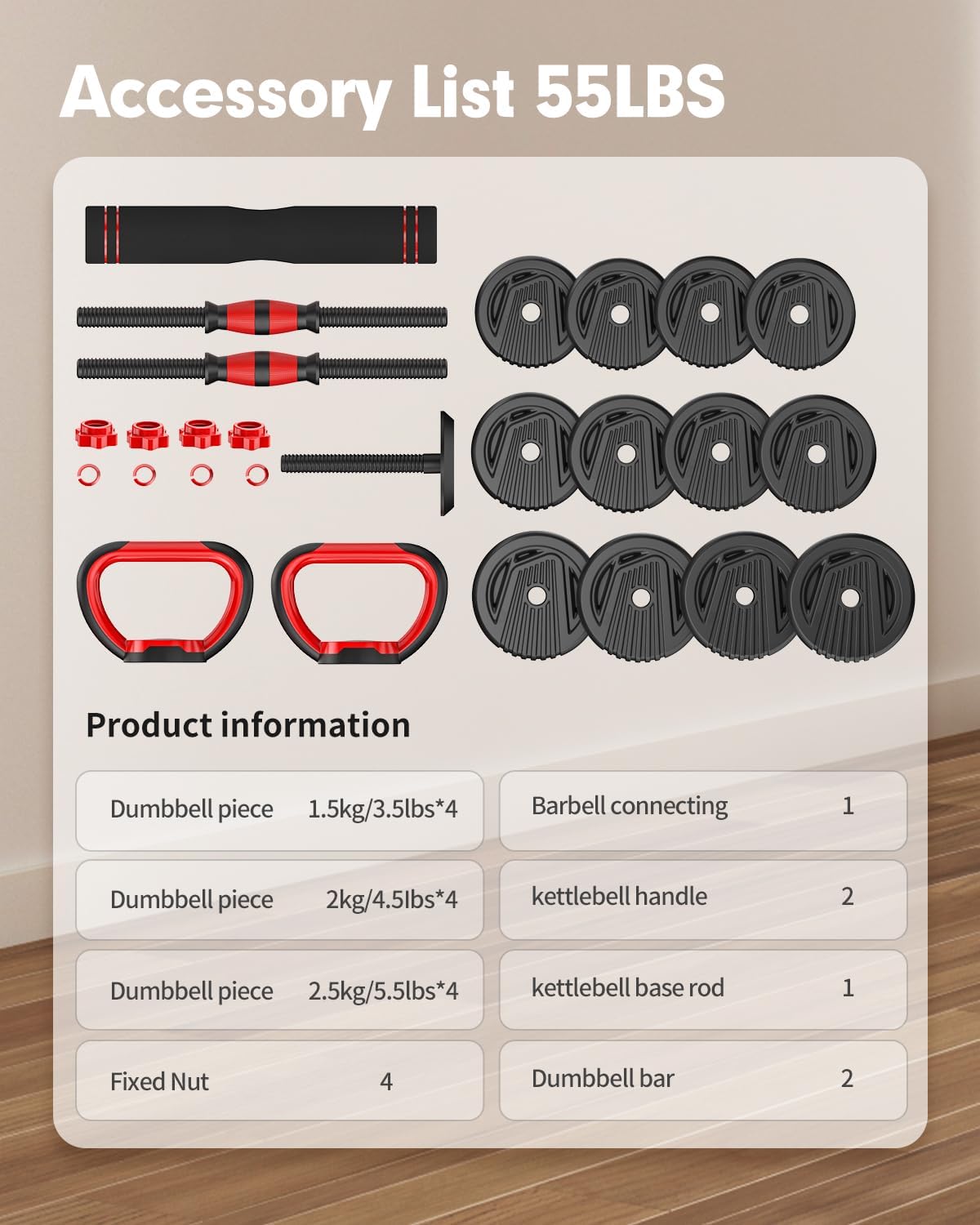 Trakmaxi Adjustable Dumbbell Set 20LBS/35LBS/55LB/70LBS Free Weights Dumbbells, 4 in 1 Weight Set, Dumbbell, Barbell, Kettlebell, Push-up