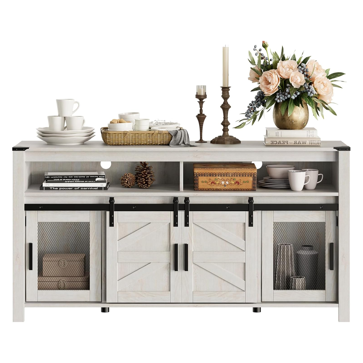 WAMPAT Farmhouse Buffet Cabinet,Rustic Sideboard with Sliding Barn Doors