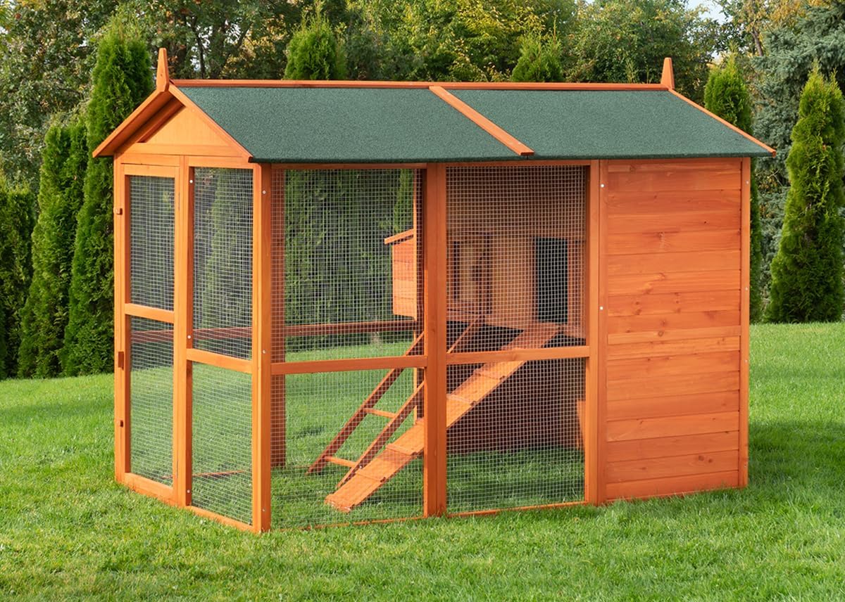 Miweba MyAnimal Hühnerstall MH-15 XXL | 186x146x147 cm - Für 7 Hühner - Nistkasten mit Freilaufgehege - Sitzstange - Winterfest - 2 Ebenen - Hühnerhaus mit Eiablage - Kiefernholz - Voliere (Braun)