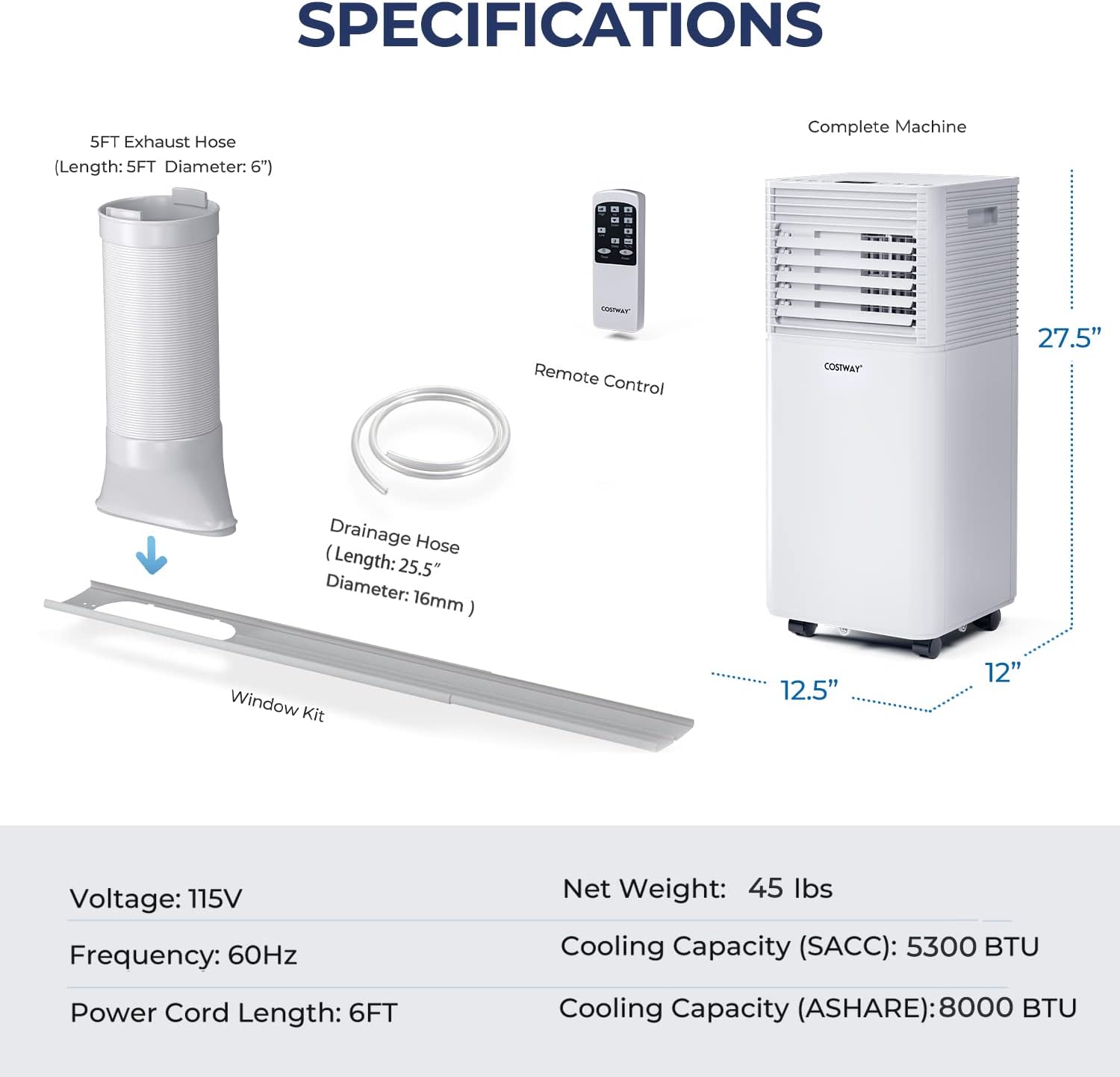 COSTWAY Portable Air Conditioner, 8000 BTU Ac Unit Spaces up to 230sq.ft, with Remote Control, 24H Timer & Window Venting Kit, Sleep Mode, Suitable for Bedroom, Living Room, Office (8000BTU, White)