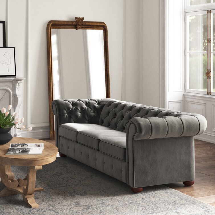 Alena 91.25” Velvet Rolled Arm Chesterfield Sofa