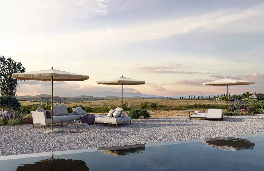 Umbrosa Nata UX Nostalgic Zen center post umbrella round 2.8 m with beige canopy and grey beige frame