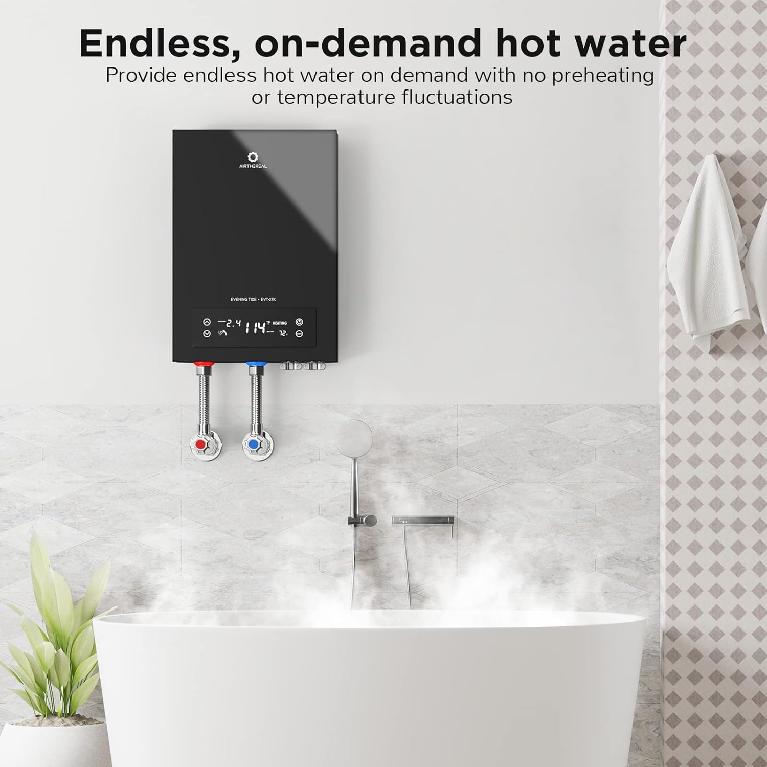 Airthereal Electric Tankless Water Heater, 27kW, 240Volts - Endless On-Demand Hot Water - Self Modulates to Save Energy Use - Small Enough to Install Anywhere - for 3 Showers, Evening Tide series