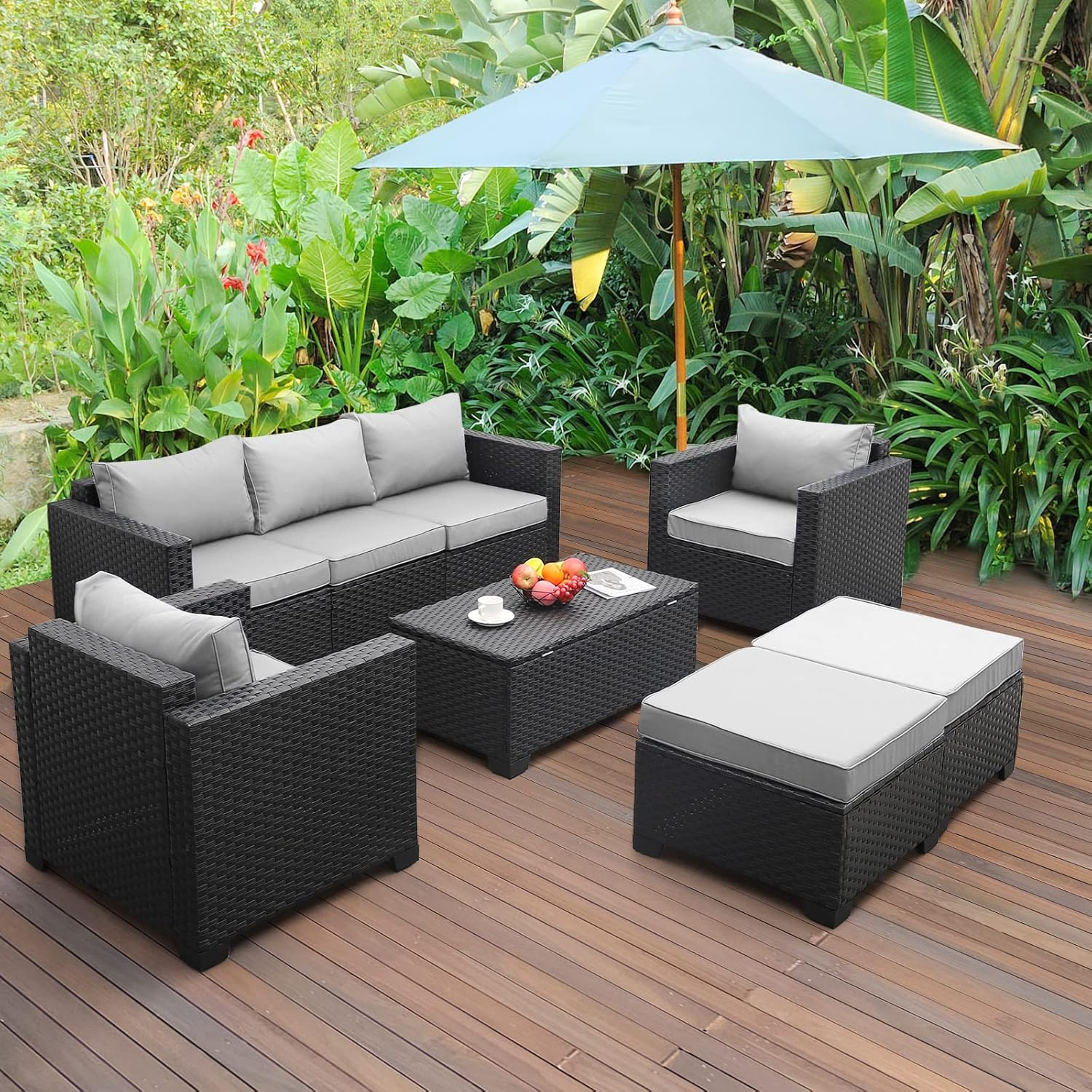 Rattaner Patio Furniture Set 6 Pieces Couch Outdoor Chairs Coffee Table Peacock Blue Anti-Slip Cushions and Waterproof Covers