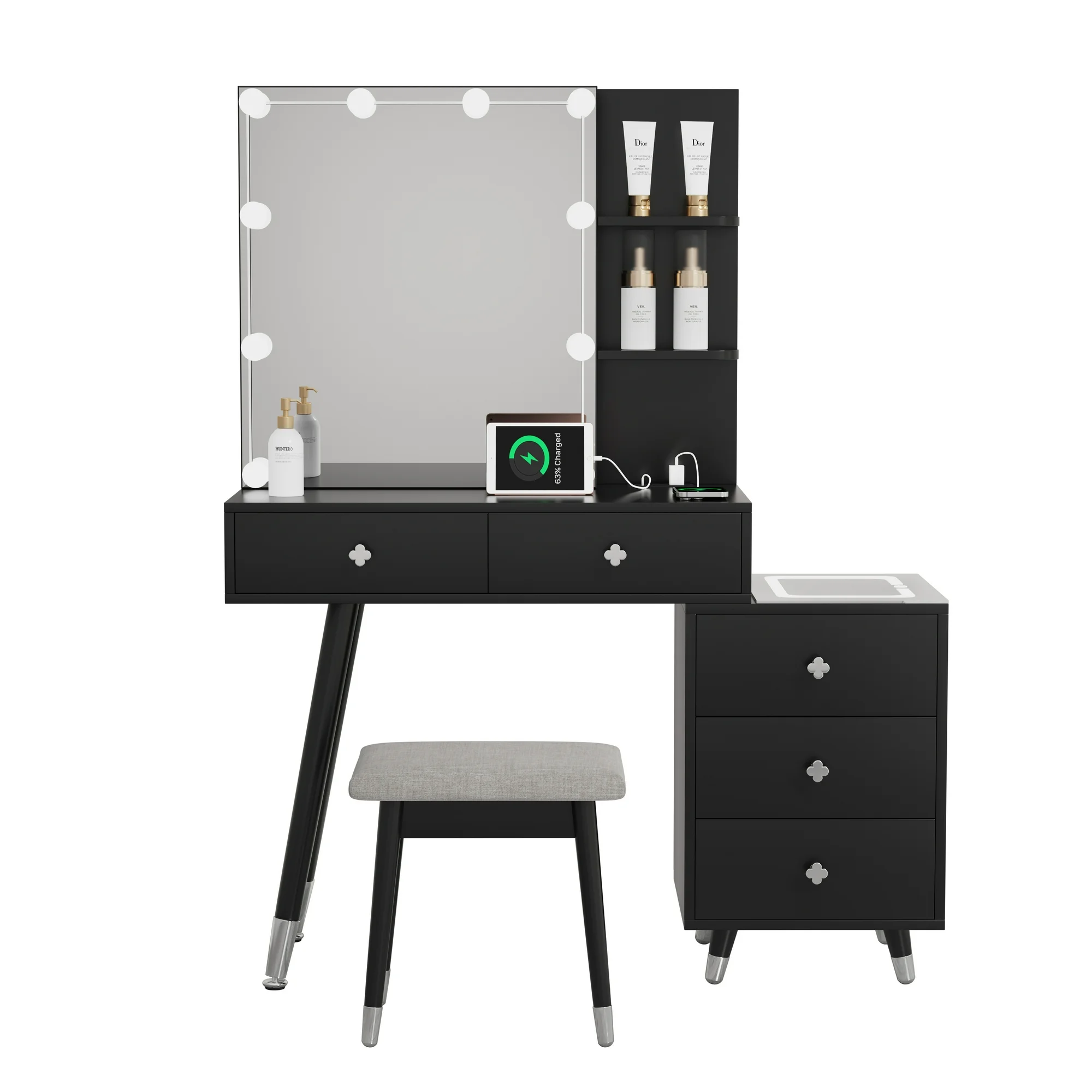 Gzxs Black Vanity Table Set with Gray Cushioned Stool, Wooden Dressing Desk with 5 Drawers,Storage Shelves,Charging Station,Three-Tone Lighting Panel, Mirrored Cabinet with 10 LED Lamps