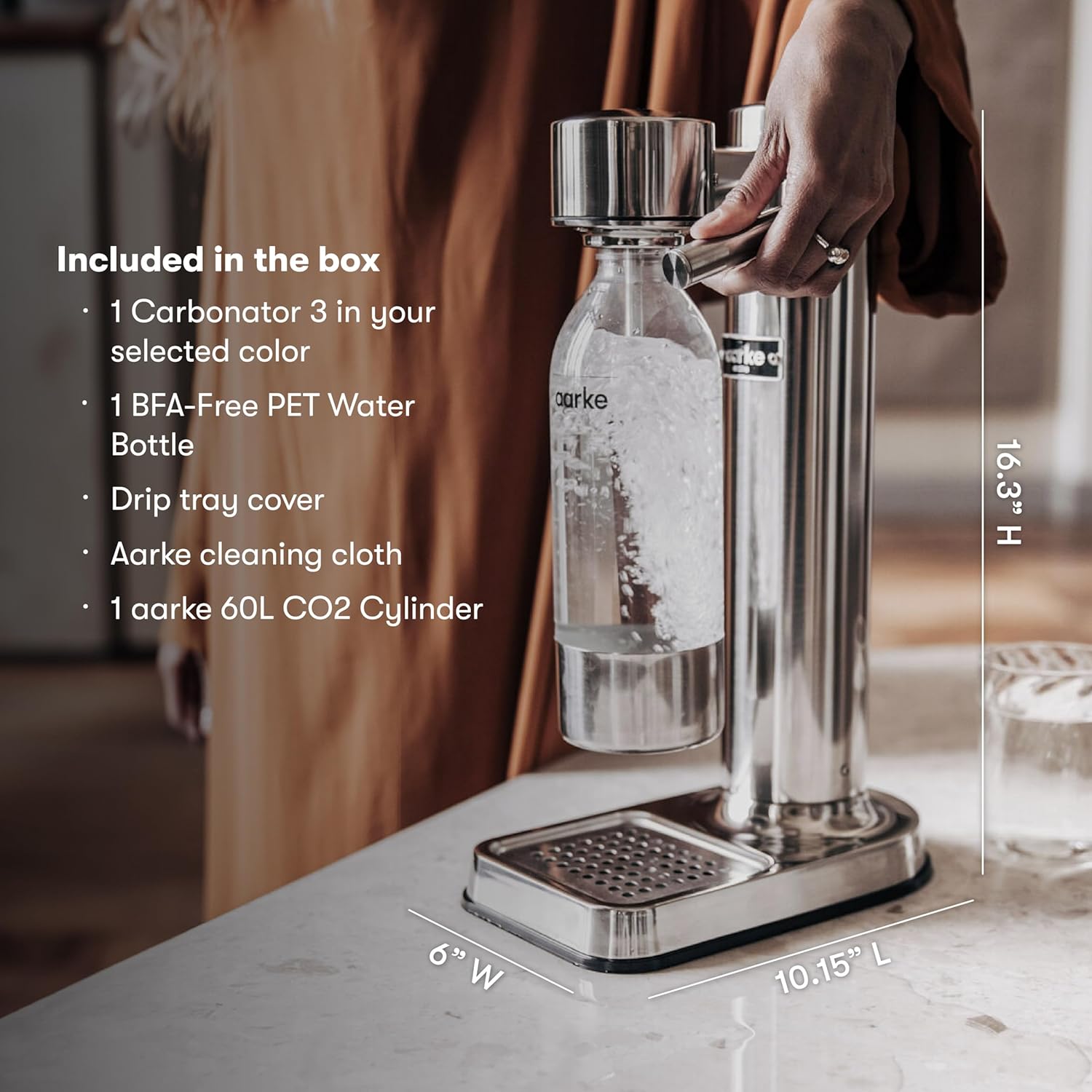 aarke Carbonator lll with CO2 Cylinder, Sparkling & Carbonation Water Machine, Stainless Steel with PET BPA-Free Reusable Bottle Volume 800 mL (Stainless Steel)