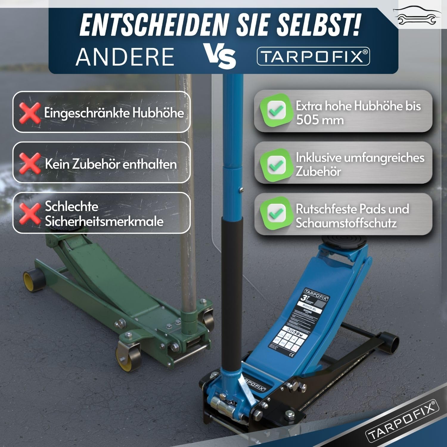 Tarpofix® Hydraulic Car Jack 3t (75-505mm Lifting Height) | Premium Trolley Jack with Double Cylinder | Flat Hydraulic for SUVs & Lowered Cars