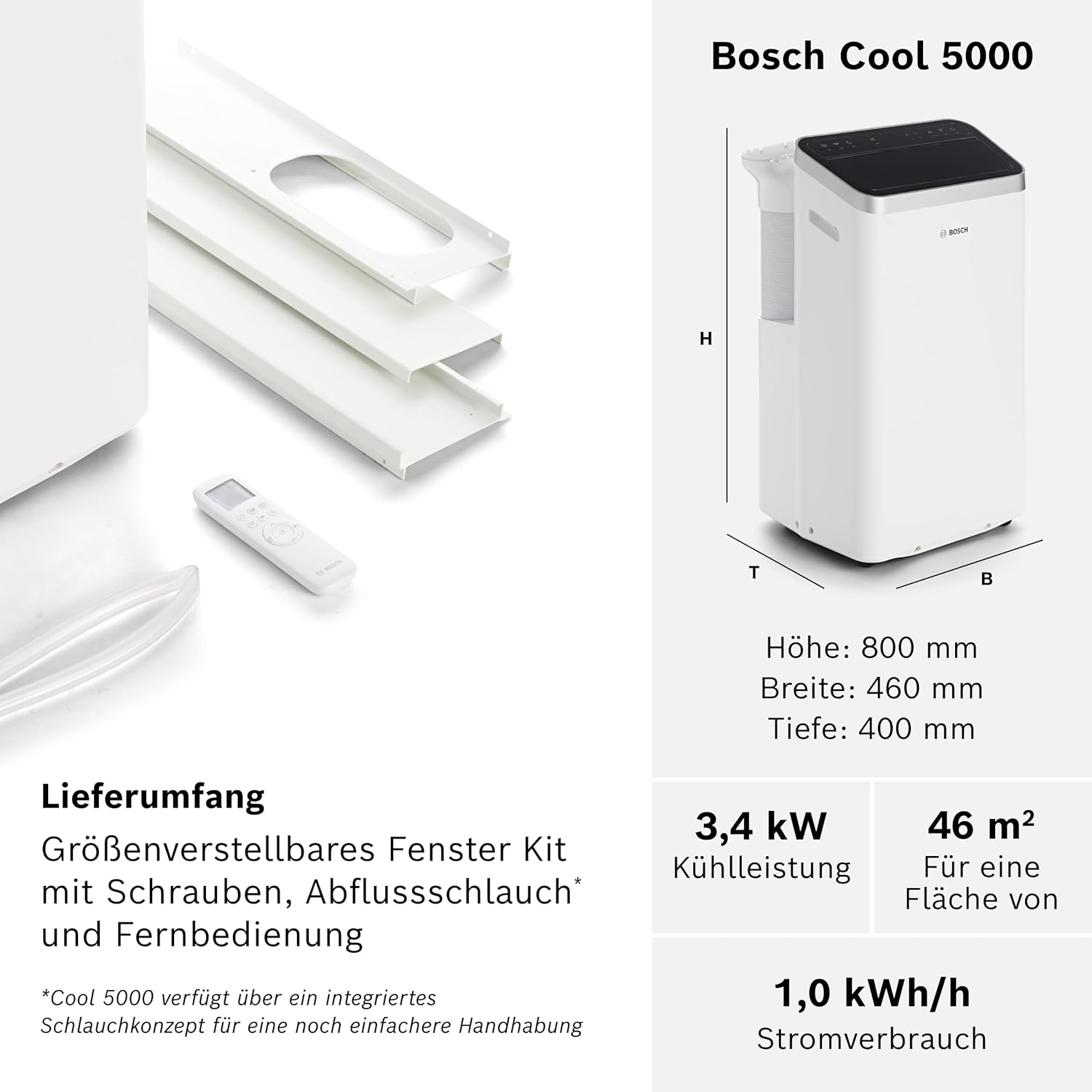 Bosch Cool 5000 Mobile Air Conditioner, 3-in-1 Air Conditioner, Dehumidifier, Fan, 3.4 kW for Rooms up to 46 m², with Auto Mode, Silent Mode and Sleep Mode