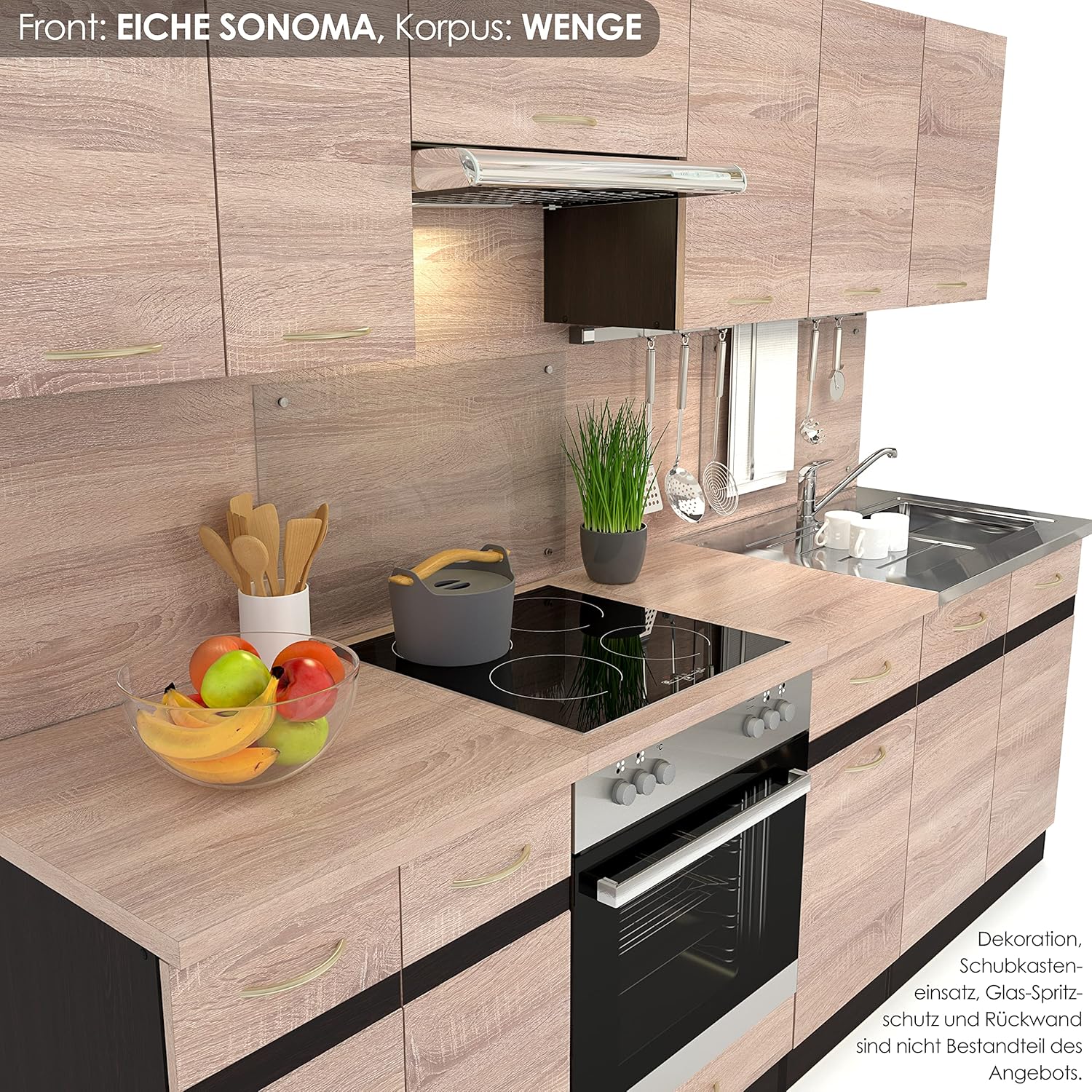 FIWODO Expandable Kitchen Unit with Electrical Appliances, Fitted Kitchen in Sonoma Oak, 240 cm, with Sink, Mixer Tap, Hob, Oven, Extractor Hood