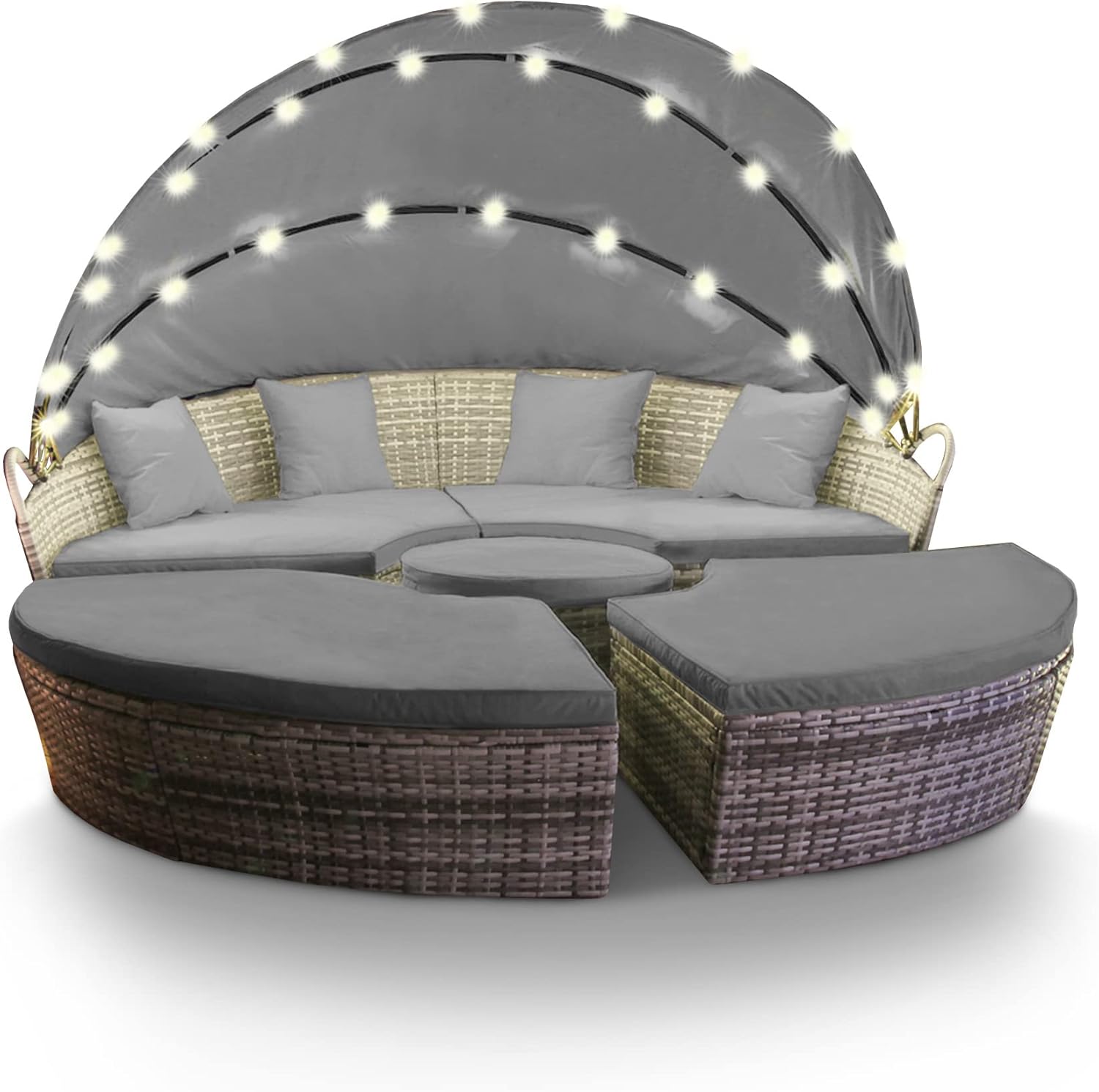 Polyrattan Sun Island with LED Lighting + Solar Module, Rattan Garden Lounger, Sun Bed with Rain Cover