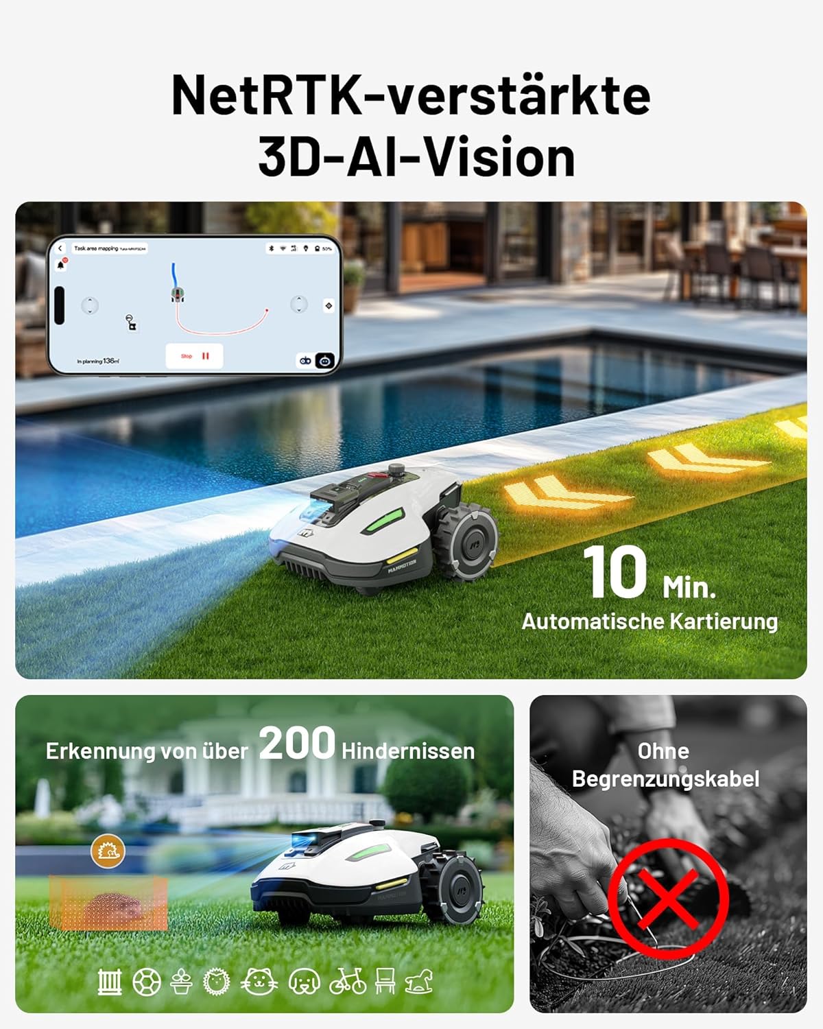 MAMMOTION YUKA Mini 500 Robotic Lawnmower without Boundary Cable, NetRTK+Vision, No RTK Antenna Required, Auto Mapping, Recommendation 500 m², with 4G Module, 50% Incline