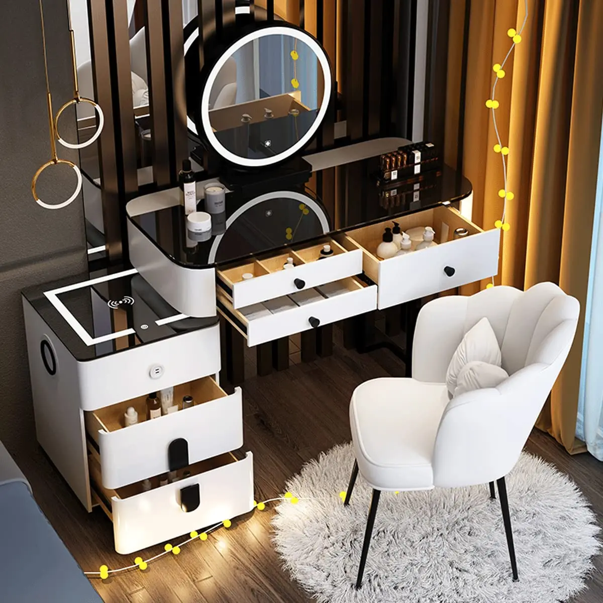 Makeup Vanity Desk Set, With 3 Color LED Lights Mirror, With Cushioned Stool, for Family Bedroom, for Her (120CM/47.2IN)