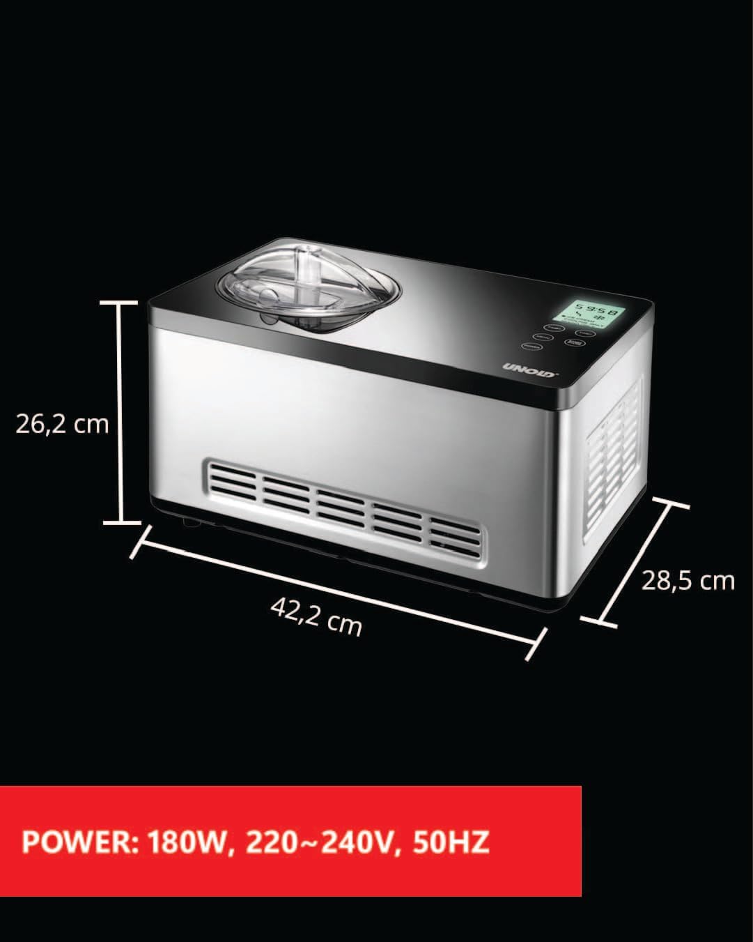 Unold Ice Cream Maker Gusto 48845, 2L Stainless Steel Bowl, Self-Cooling Compressor, Automatic, Includes Recipe Book