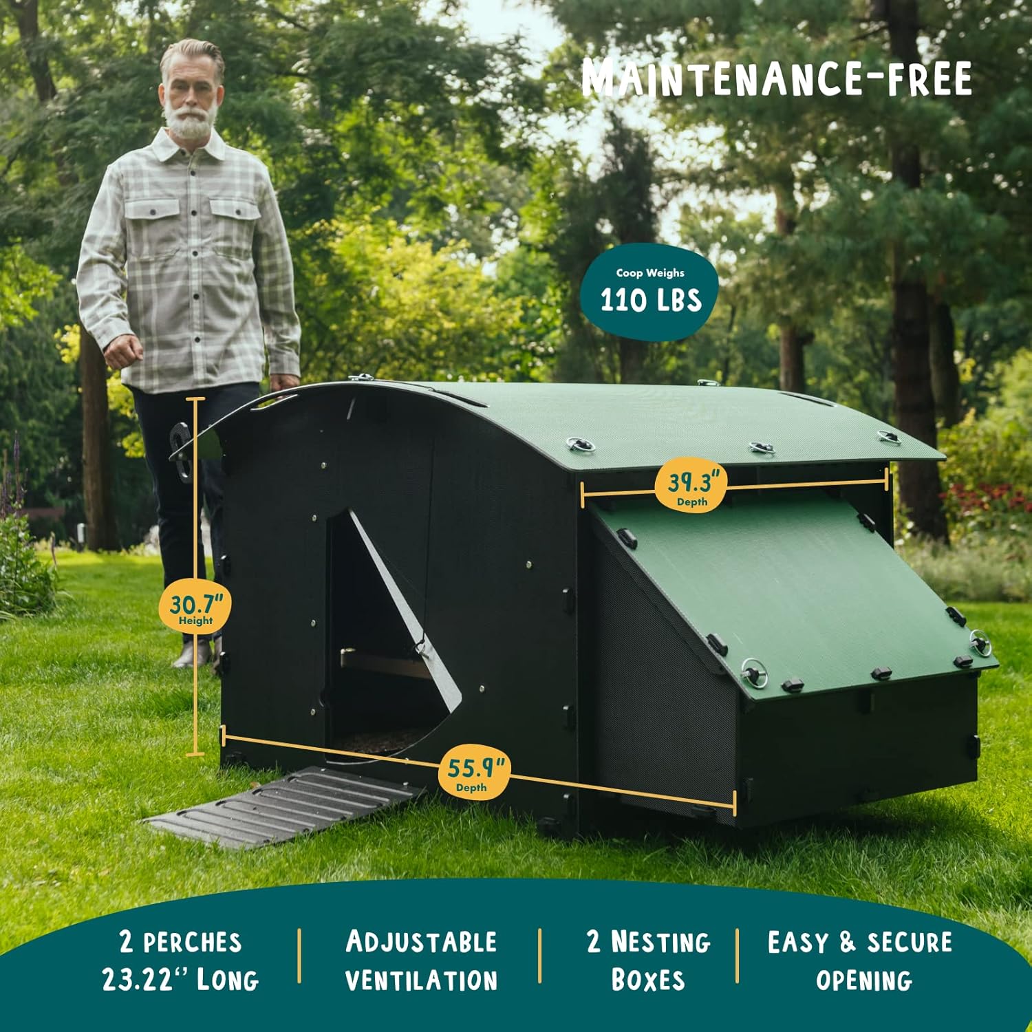 Hühnerstall aus Kunststoff – 25 Jahre Garantie – Großer Hühnerstall mit Boden für 4, 6, 8 Hühner oder 15 Zwerghühner | Geeignet für große Hühner und ideal zum Brüten von Hühnern und Küken