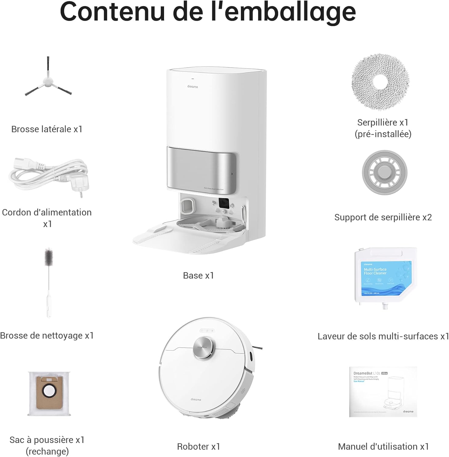 dreame L10s Ultra Robot Aspirateur Laveur avec Base Autonettoyante (Vidange Poussière, Nettoyage Automatique) AI Détection d'obstacles 3D, 5300Pa, Tapis Poils d'animaux, Batterie 210m, WiFi/APP/Alexa