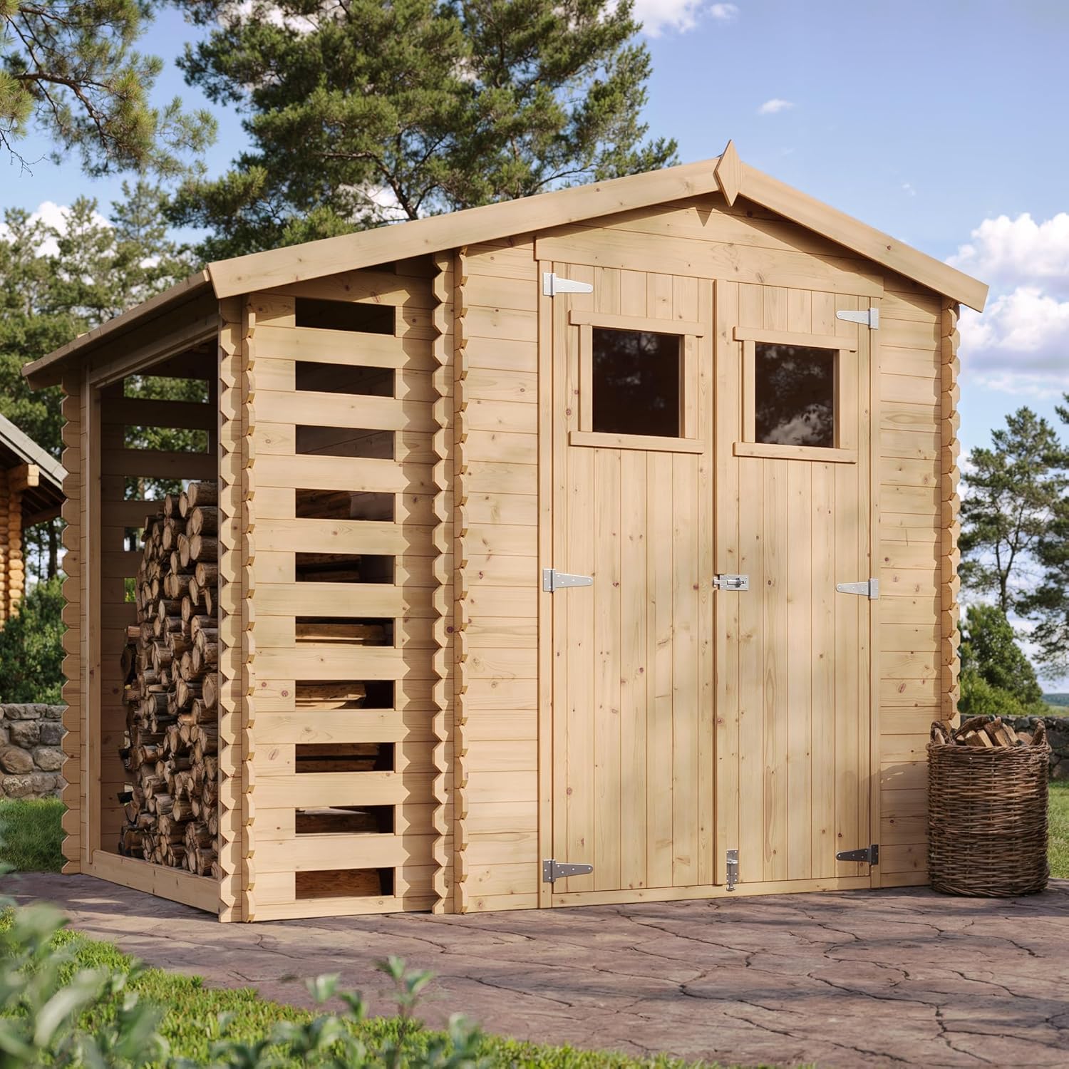 TIMBELA M386F Wooden Garden Shed with Firewood Shed, High-Quality Lockable Door, Garden Shed Wood, W 272 x L 206 x H 218 cm / 3.53 + 0.97 m2 Storage Shed for Garden - Waterproof Roof