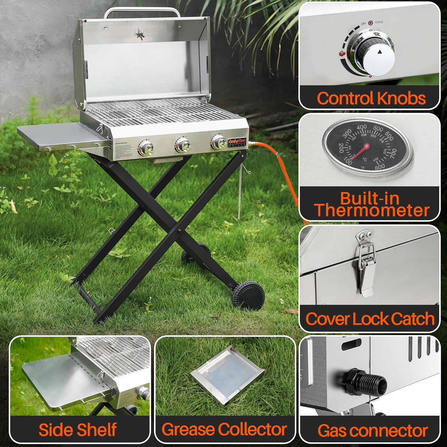 Onlyfire 3 Burner Gas Grill Trolley BBQ Gas Grill with Grill Grate 7 kW Grill Surface 56.5 x 34 cm with Side Tables, Foldable Trolley Wheels, Thermometer for Outdoor Camping Balcony Garden