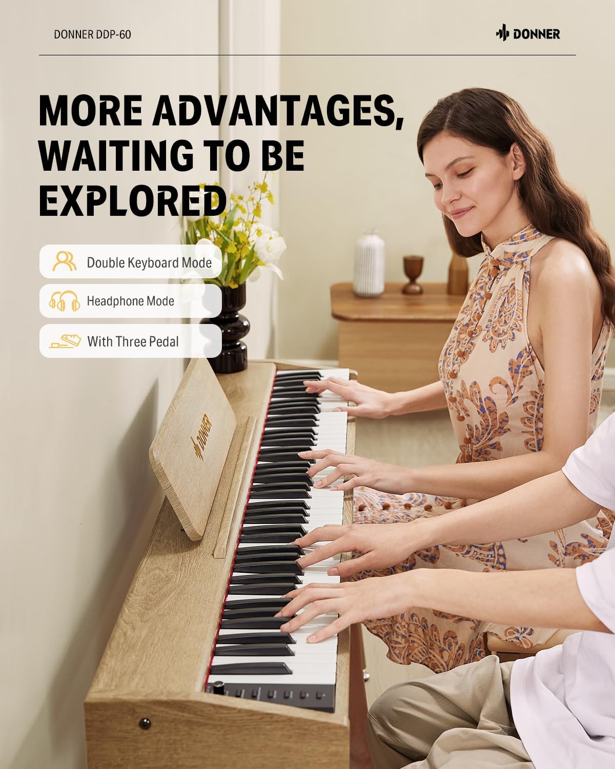Donner DDP-60 88 Keys Digital Piano for Beginners, Electric Keyboard with Velocity Keys, 128 Voices, 83 Rhythms, 8 Reverb Effects, 5 Strength Curves, Auto Chord