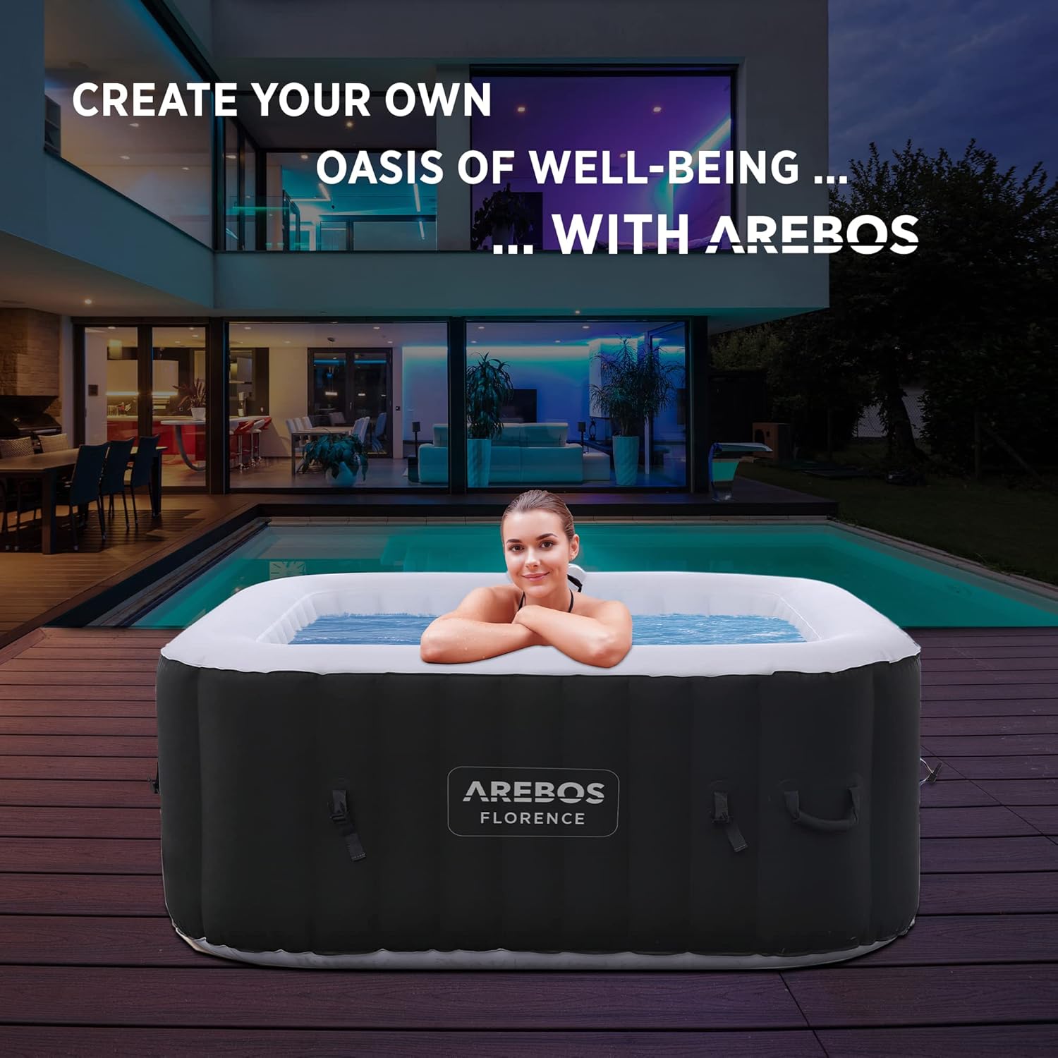 Arebos SPA Inflatable Whirlpool | Inflatable | Square | Indoor and Outdoor | 154 x 154 cm | 4 People | 130 Massage Jets | 600 L