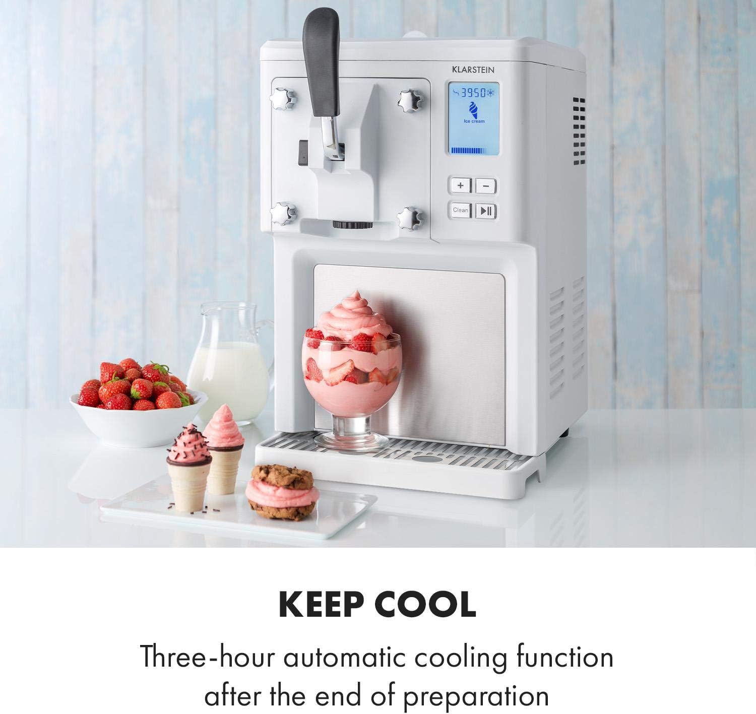 Klarstein Sweet Sundae- Ice Cream Machine, 1.5 Litres, with Self-Cooling Compressor, 200 Watts, Dispensing System, 3 Hour Auto-Cooling Function, Automatic Cleaning System, Stainless Steel