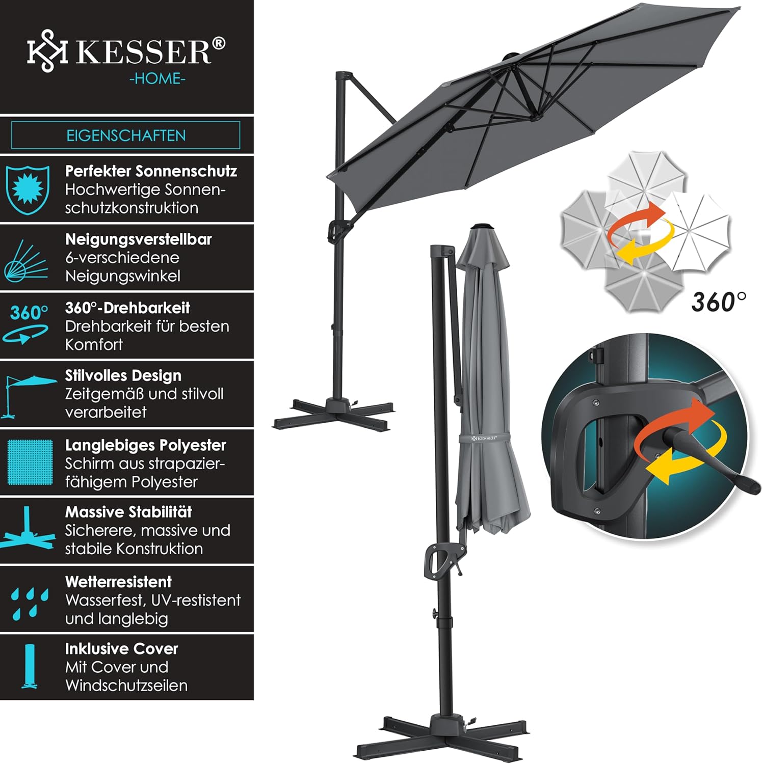 KESSER® Sun Parasol Round XL Diameter 330 cm Includes Cover + Wind Protection 7-Way Adjustable Tilting Large 360° Rotatable Garden Umbrella with Crank Sun Protection UV50+ Anthracite