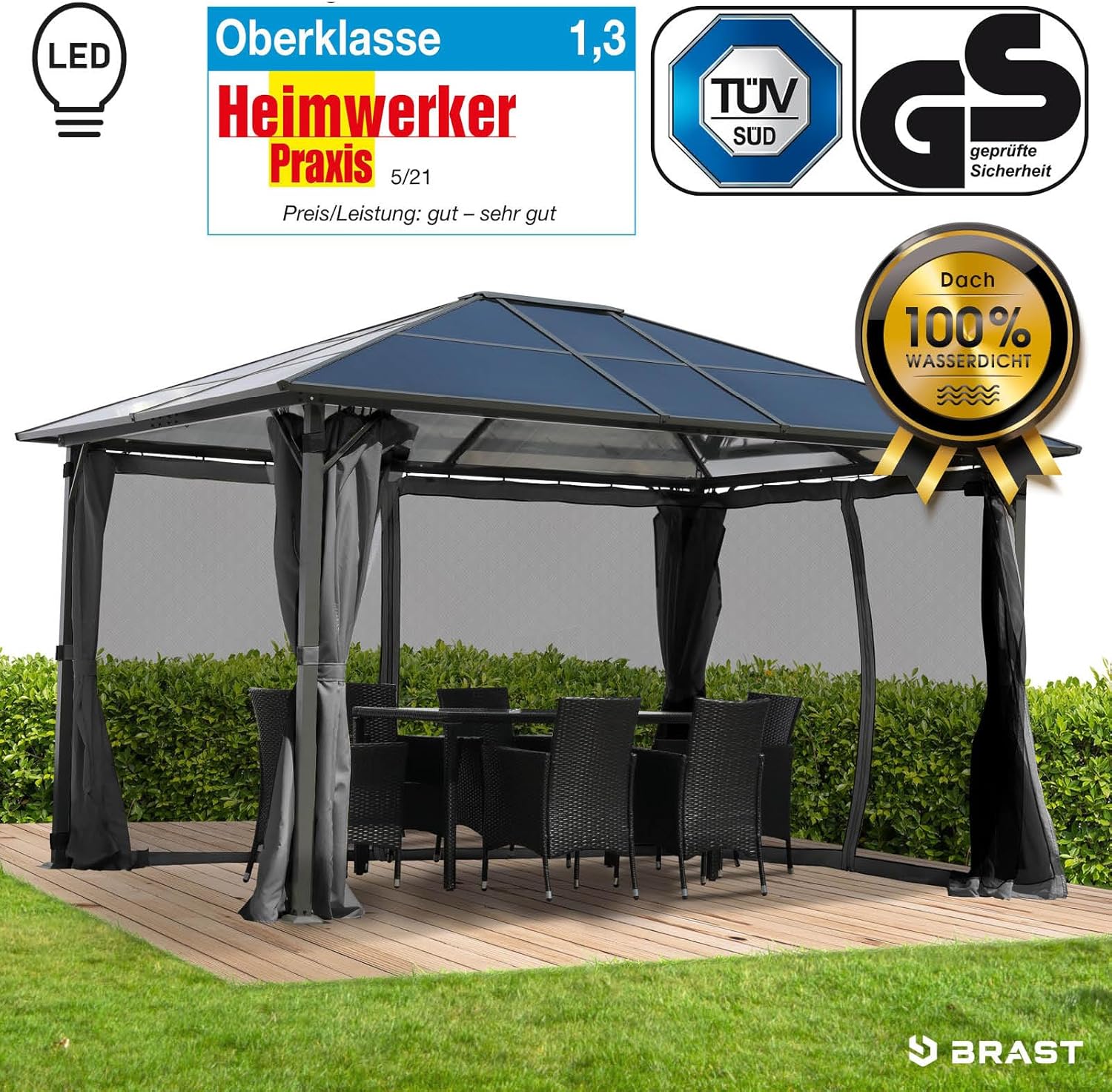 Brast Garden Gazebo, Aluminium, 2 Colours, 3 Sizes and 16 Models, 3 x 3 m / 3 x 4 m / 3.6 x 4.8 m