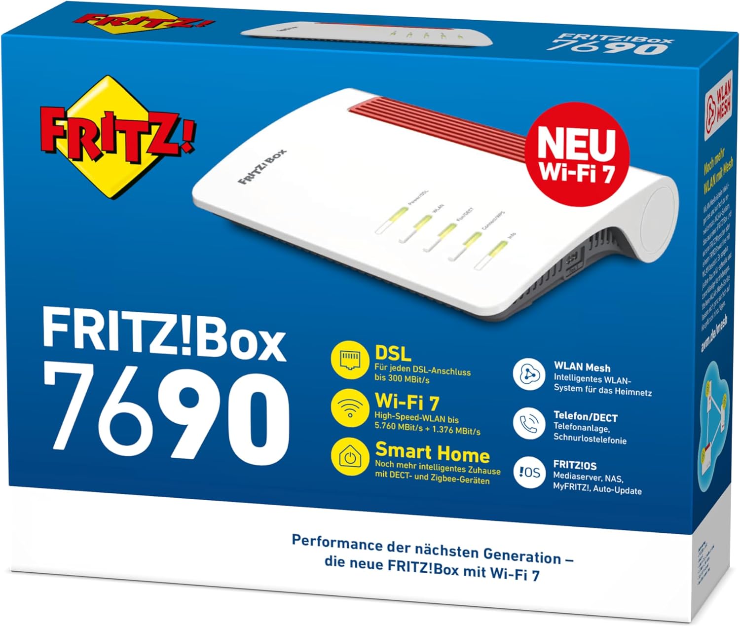 FRITZ!Box 7690 (Wi-Fi 7 DSL Router with 5,760 Mbps (5GHz) & 1,376 Mbps (2.4 GHz), up to 300 Mbps with VDSL Supervectoring and ADSL2+, WLAN Mesh, DECT Base, German Version