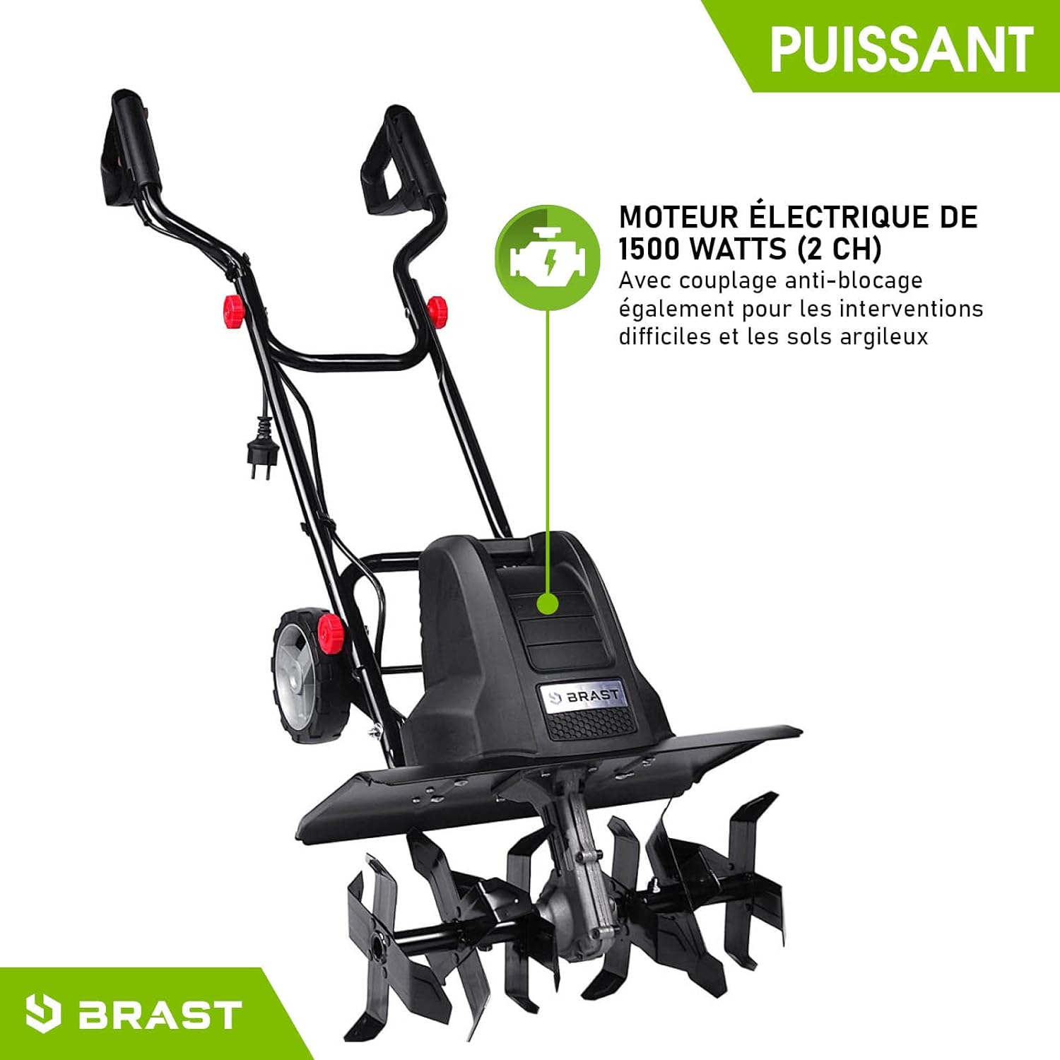 BRAST electric tiller: 1500 Watt - 45 cm Width, 22 cm Working Depth - 6 Cutters - 24 Blades -3 Mod Diff. power - very safe - 400 TRS/Min - electric tiller, Wired