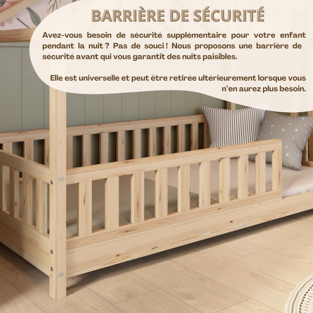 Crazy Pine Cabin Bed 160x80 cm – Natural Wood Children's Bed with Barrier – Montessori Floor Bed with Height-Adjustable Legs and Removable Barrier - Crazy House