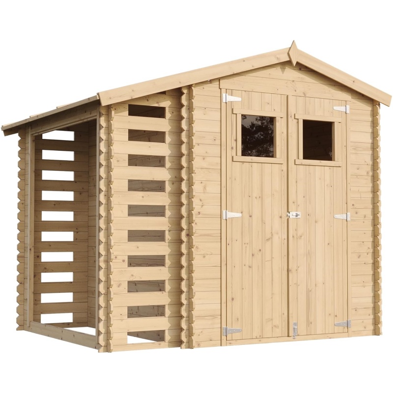 TIMBELA M386F Wooden Garden Shed with Firewood Shed, High-Quality Lockable Door, Garden Shed Wood, W 272 x L 206 x H 218 cm / 3.53 + 0.97 m2 Storage Shed for Garden - Waterproof Roof