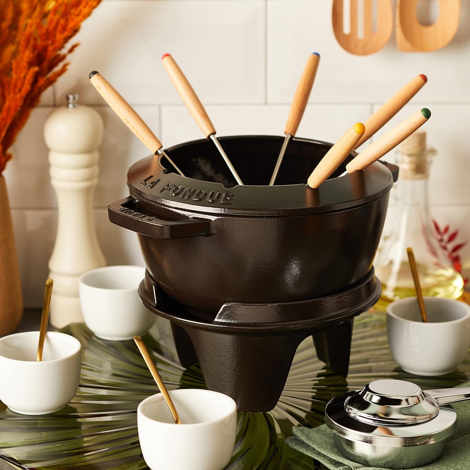 Staub Fondue Set with 6 Forks, Suitable for Cheese, Chocolate and Meat Fondue