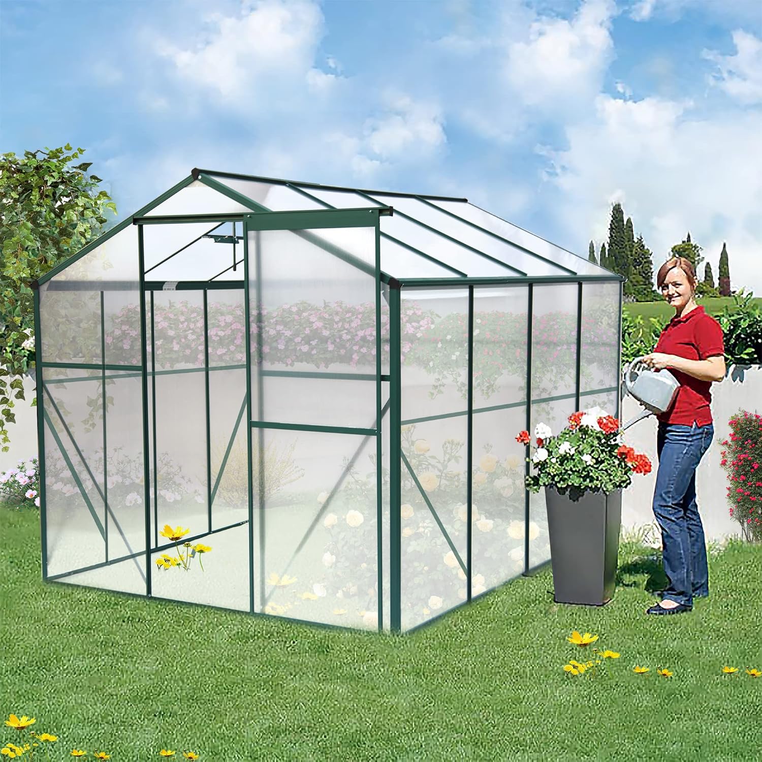 6x8 FT Polycarbonate Greenhouse, with Sliding Door and Adjustable Roof, Heavy Duty Walk-in Greenhouse Aluminum Sunroom Hot House for Outdoor Garden Backyard,Green