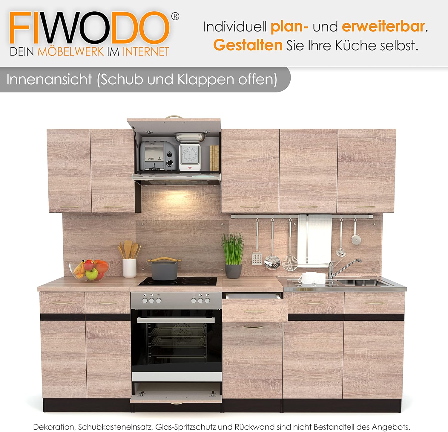 FIWODO Expandable Kitchen Unit with Electrical Appliances, Fitted Kitchen in Sonoma Oak, 240 cm, with Sink, Mixer Tap, Hob, Oven, Extractor Hood