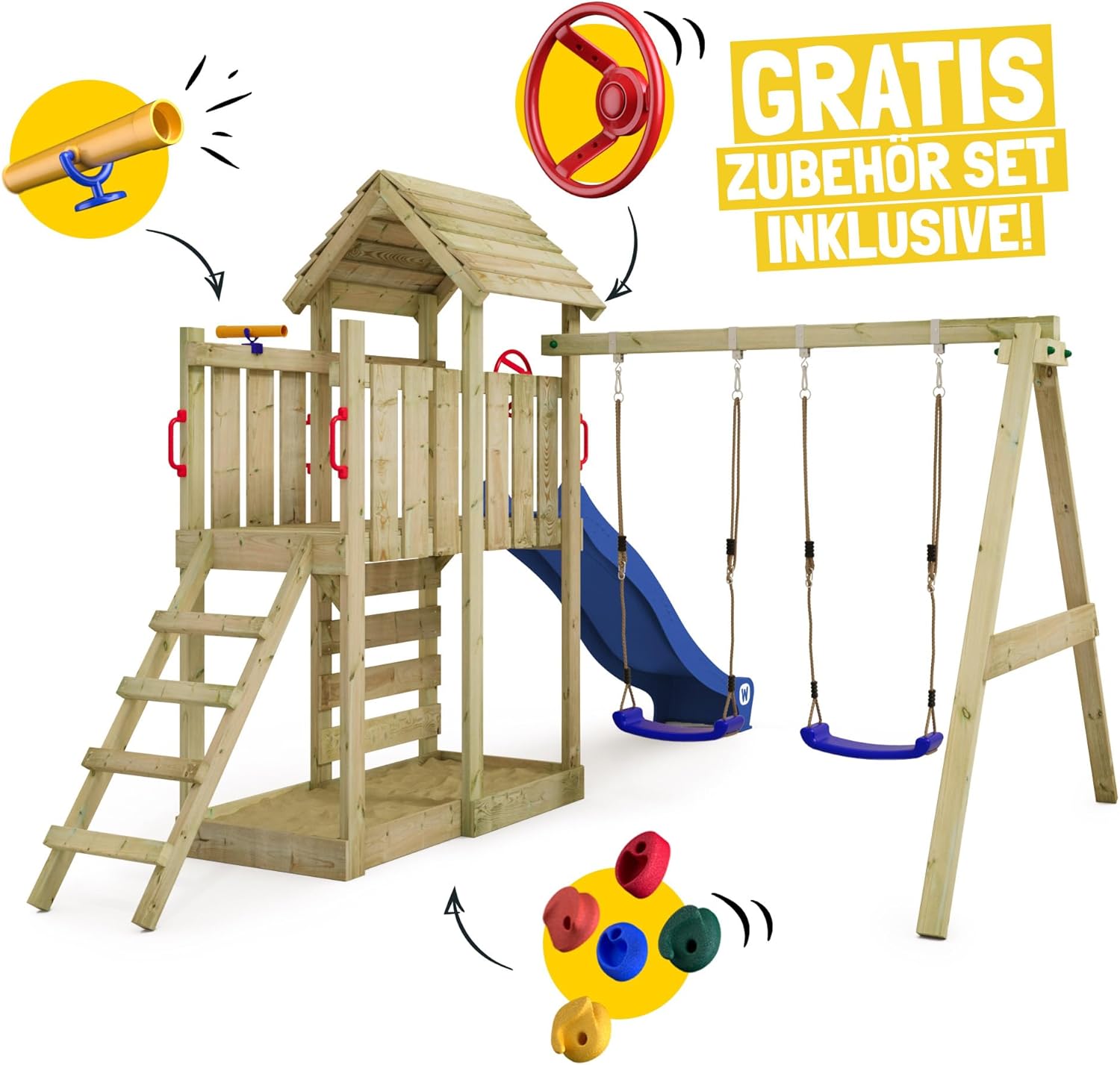 WICKEY MultiFlyer Play Tower Climbing Frame Wooden Roof with Swing and Green Slide, Climbing Tower with Wooden Roof, Sandpit, Ladder and Play Accessories