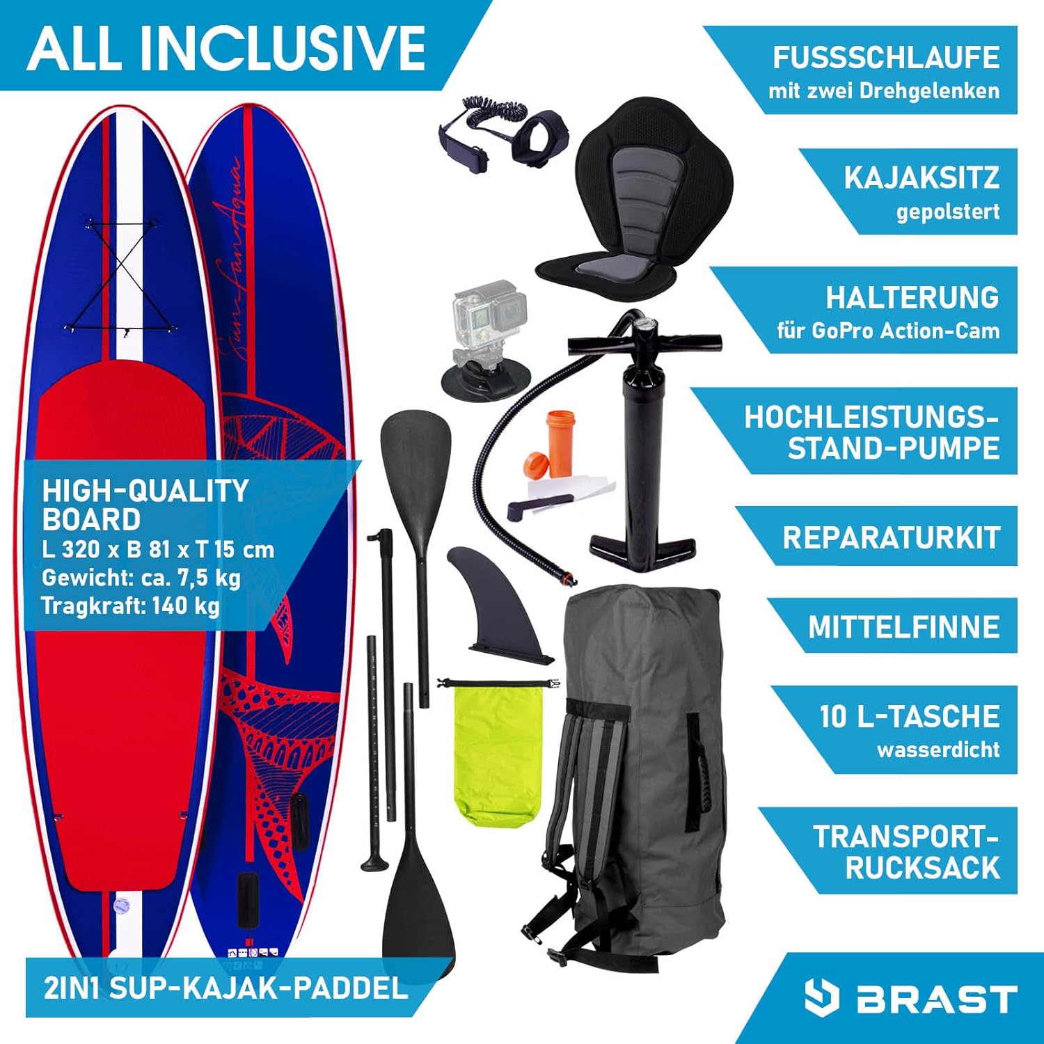 BRAST® SUP Board, Shark, Inflatable Stand Up Paddle Set, 300–320 cm, Many Models, Includes Special Accessories, 2-in-1 Paddle, Kayak Seat, Action Cam Holder, Foot Strap, Pump, Backpack