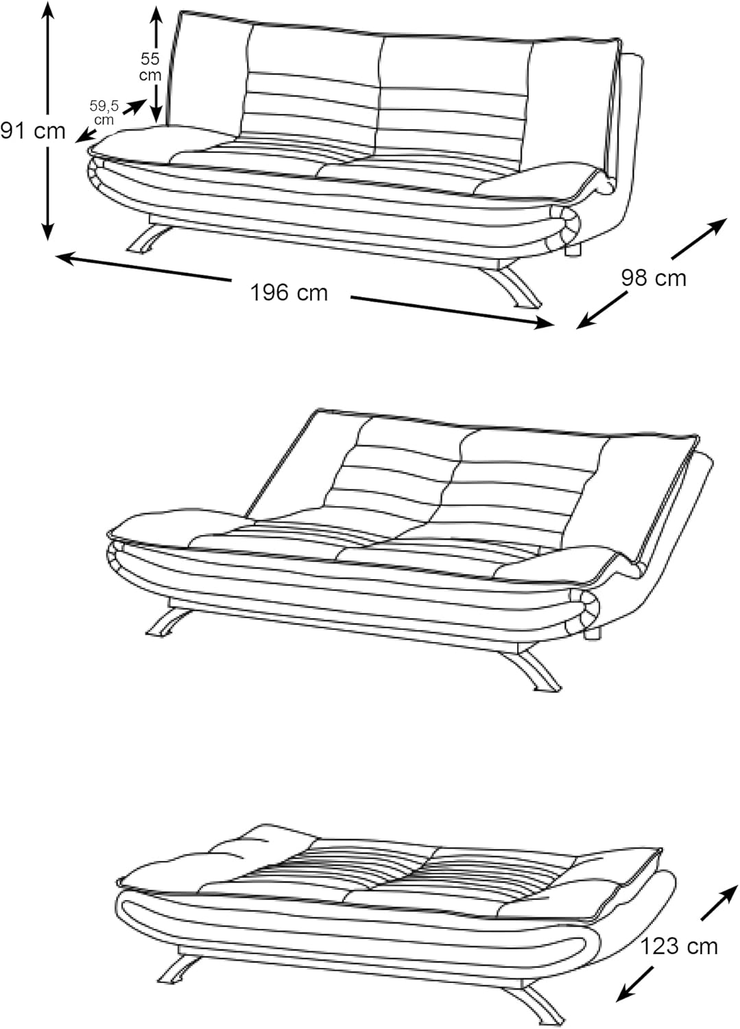 AC Design Furniture Jasper Sofa Bed W: 196 x H: 91 x D: 96 cm, Dark Grey/Black, Fabric/Metal