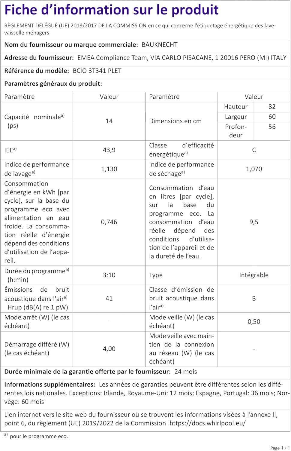 Bauknecht BCIO 3T341 PLET Vollintegrierbarer Geschirrspüler 60 cm /Edelstahl/14 Maßgedecke/10 Standardprogramme und 1 Sensorprogramm/PowerClean/ActiveDry/Besteckschublade/Vollwasserschutz