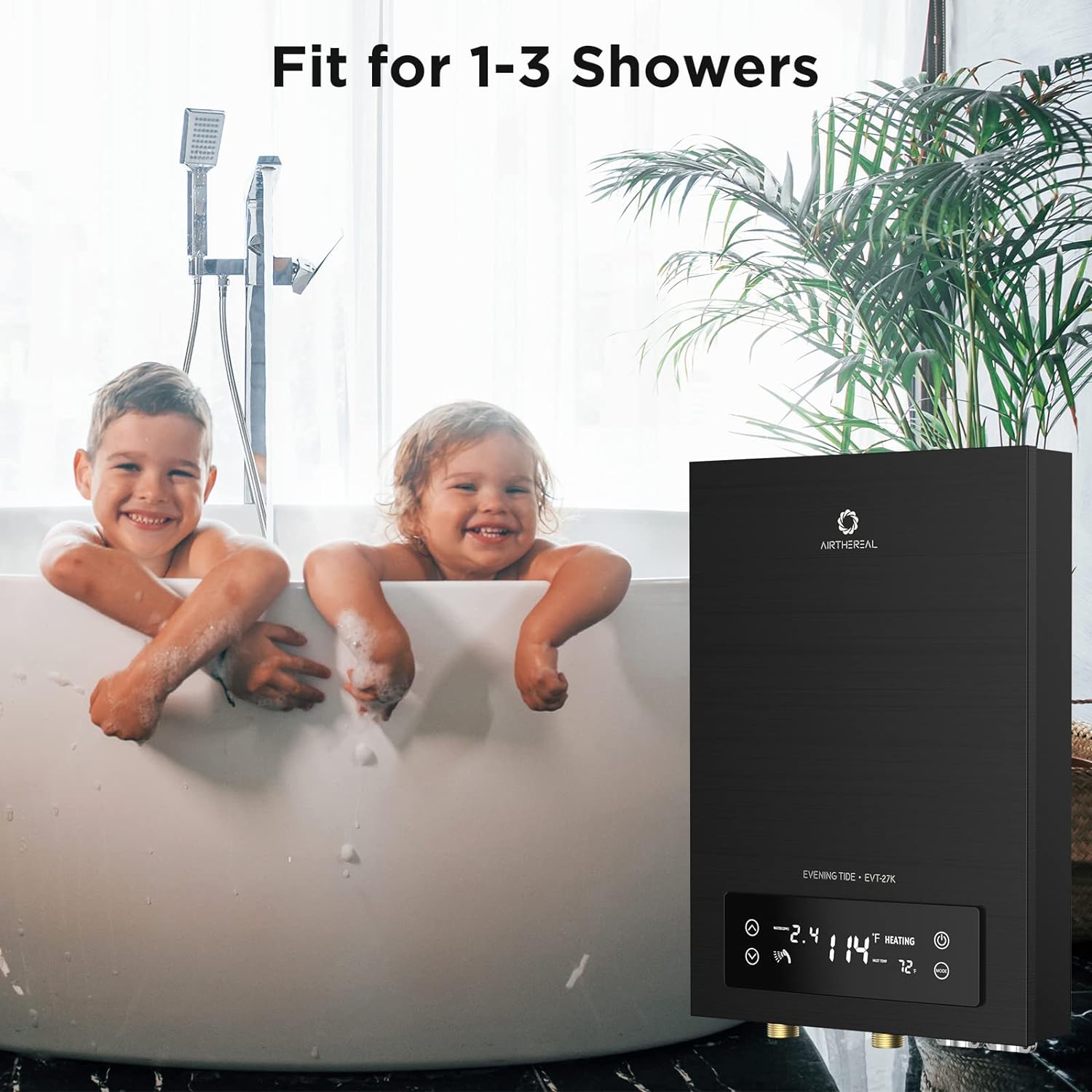 Airthereal Electric Tankless Water Heater, 27kW, 240Volts - Endless On-Demand Hot Water - Self Modulates to Save Energy Use - Small Enough to Install Anywhere - for 3 Showers, Evening Tide series