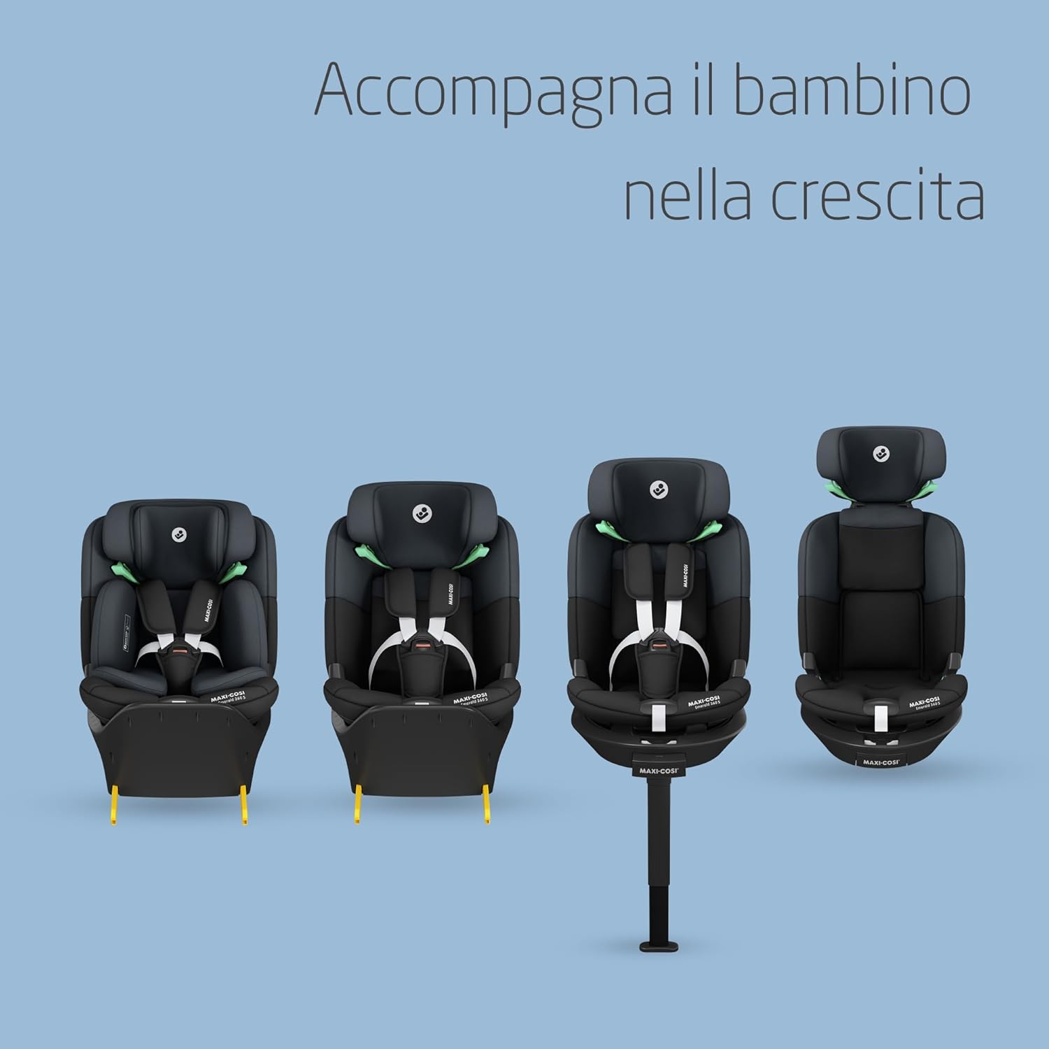 Maxi-Cosi Emerald 360 S i-Size, Seggiolino auto girevole 360, 0-12 anni (40-150 cm), Seggiolino auto neonato, 4 posizioni reclinate, Protezione dagli impatti laterali G-CELL, Tonal Black