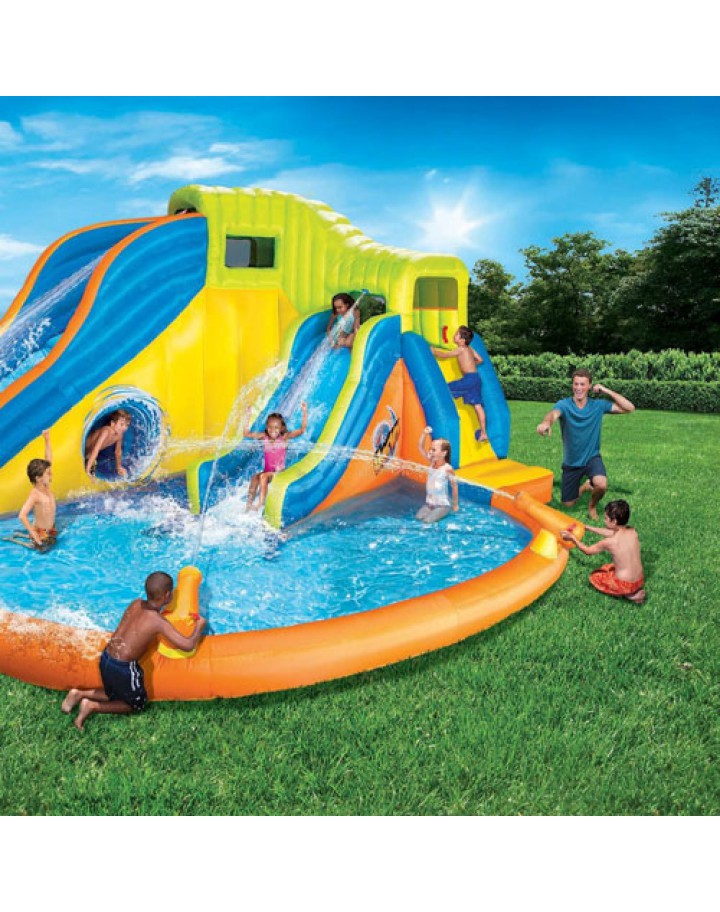 Banzai Pipeline Twist Kids Inflatable Outdoor Water Park Pool Slides & Cannons