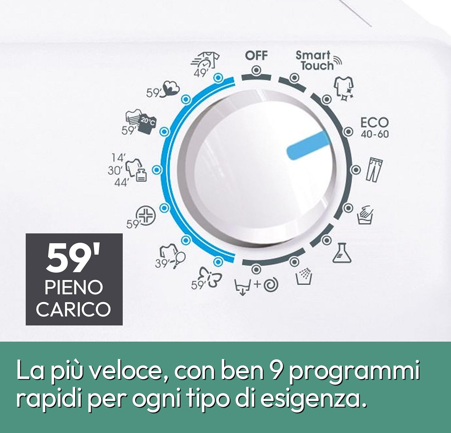 Candy Smart Lavatrice 9kg, Motore Inverter, carica frontale Classe A, 1400 giri, 16 Programmi, Cicli Rapidi, Partenza Ritardata, 60 x 52 x 85 cm, White – CS 149TXME-S [Classe di efficienza energetica A]