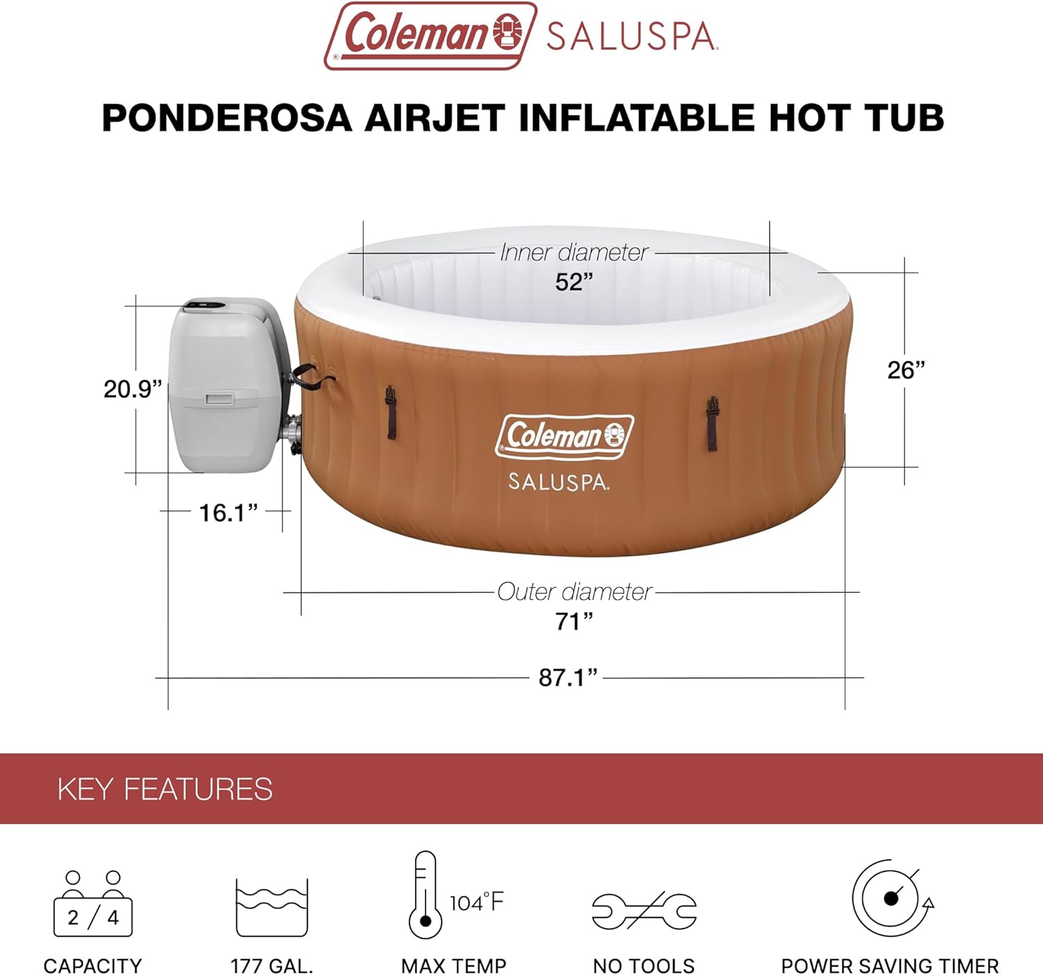 Coleman SaluSpa Ponderosa AirJet 2 to 4 Person Inflatable Hot Tub Round Portable Outdoor Spa with 120 Soothing Jets with Cover, Orange