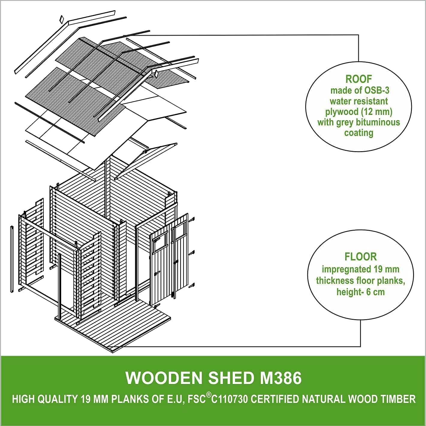TIMBELA M386F Wooden Garden Shed with Firewood Shed, High-Quality Lockable Door, Garden Shed Wood, W 272 x L 206 x H 218 cm / 3.53 + 0.97 m2 Storage Shed for Garden - Waterproof Roof