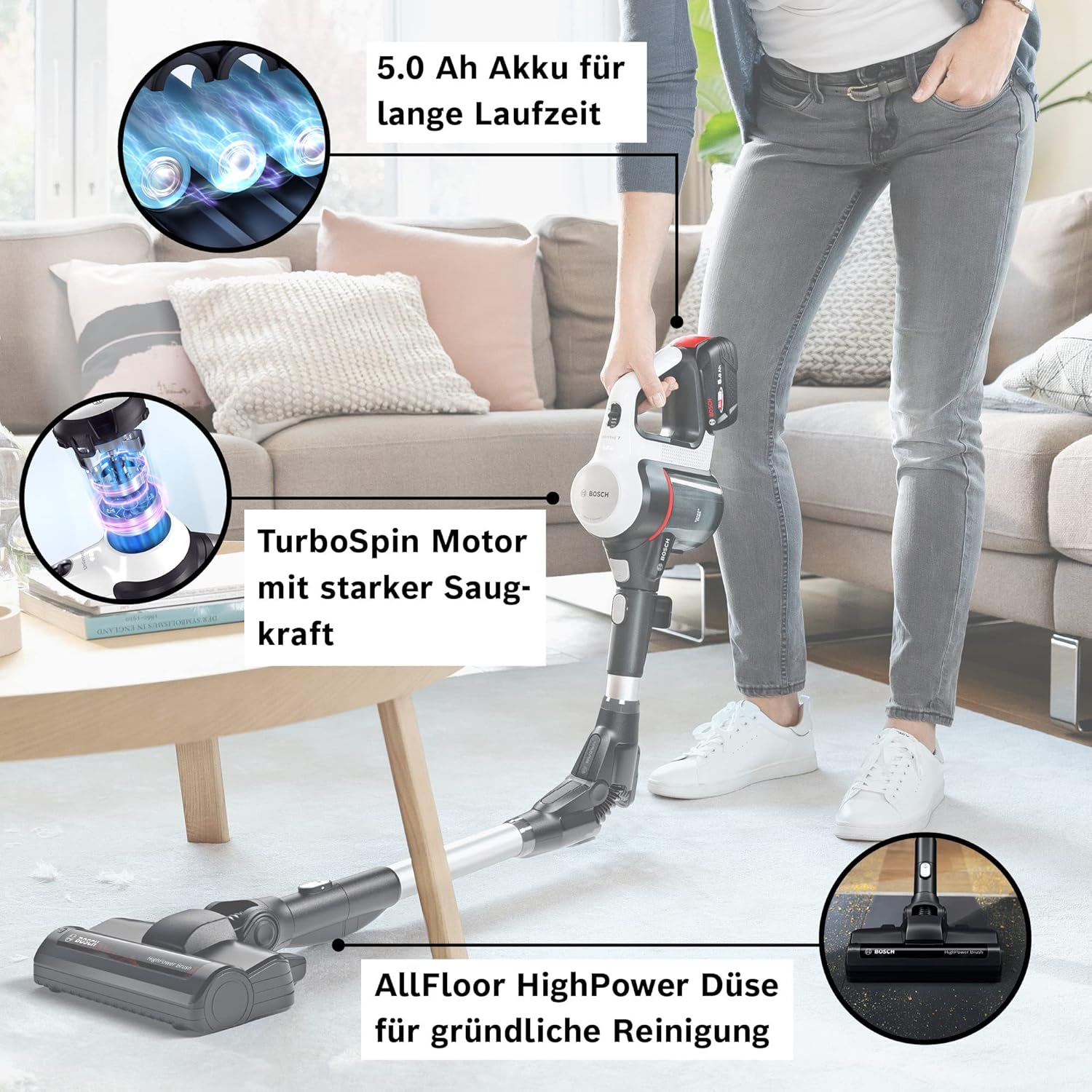 Bosch Unlimited 7 BSS715CARP Cordless Vacuum Cleaner, Kink Tube, Hygiene Filter, 5.0 Ah Battery, Quick Charger, XXL Upholstery Nozzle, Turbo Level, Made in...