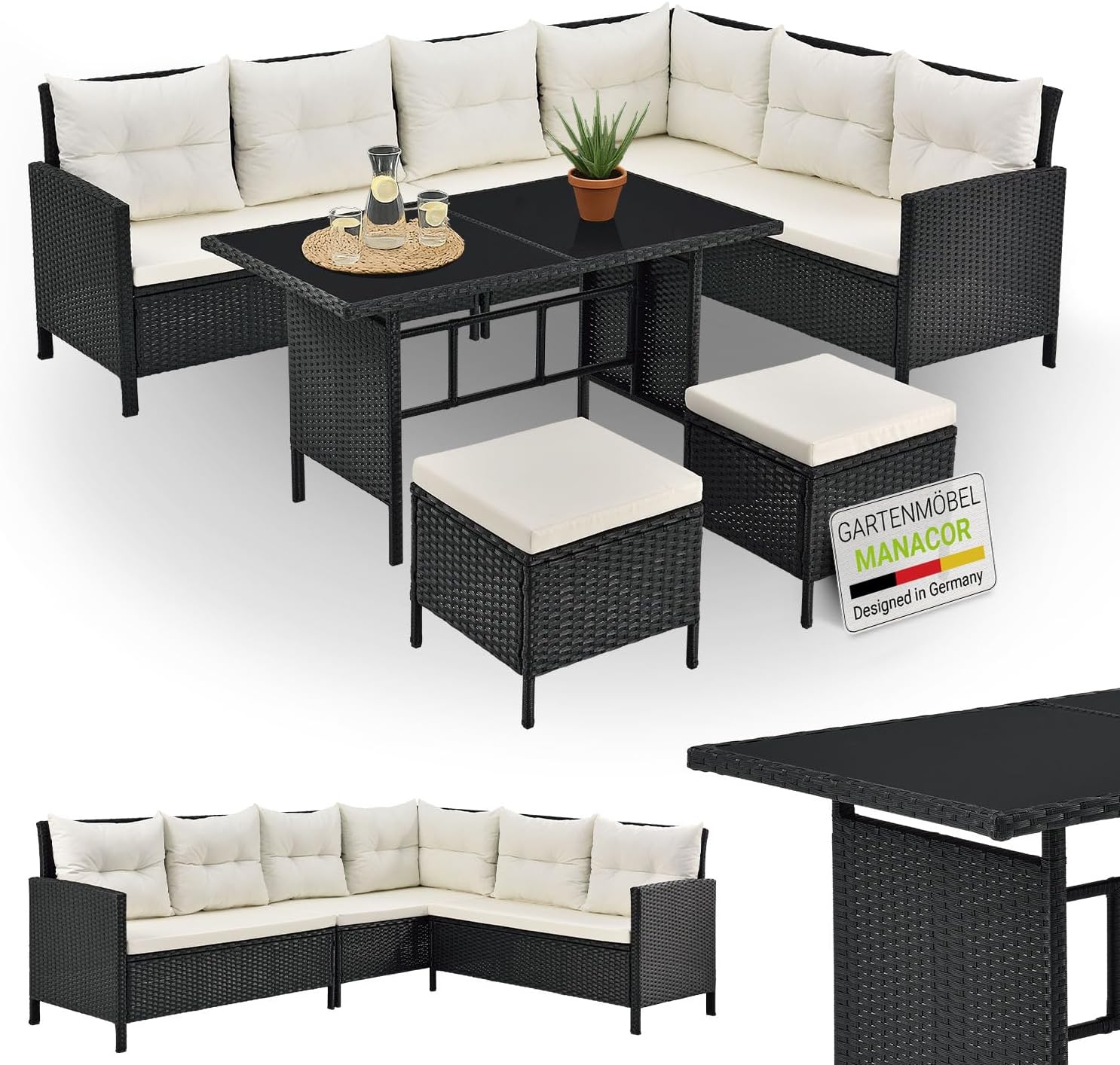 Juskys Polyrattan Lounge Manacor mit Ecksofa, Esstisch, 2 Hocker & Kissen - wetterfest bis 7 Personen - Bezüge waschbar - Rattan Garten Sitzgruppe Gartenlounge Gartenmöbel Set - Schwarz/Creme