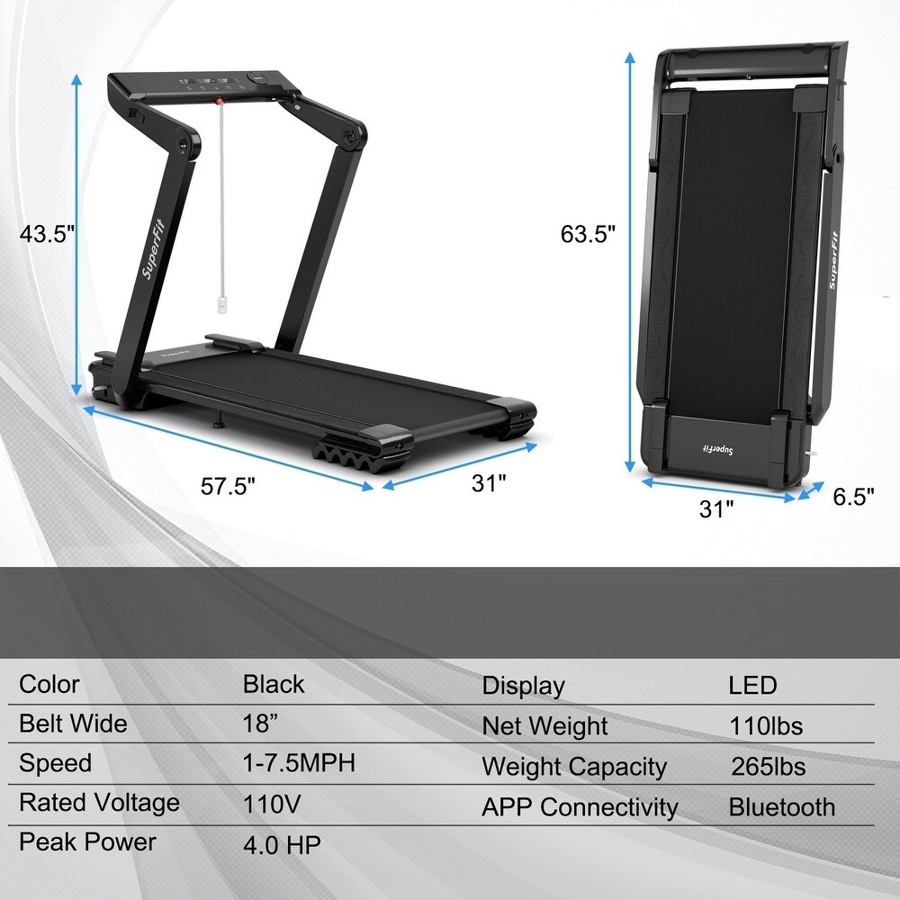 4.0HP Foldable Electric Treadmill Jogging Machine with Speaker LED - 57.5 x 31 x 43.5 (L x W x H)