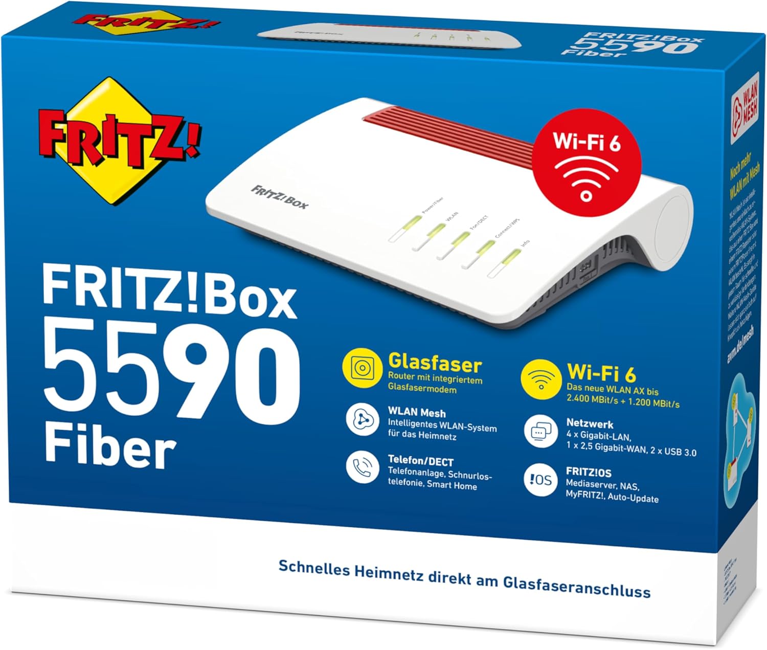 FRITZ!Box 5590 Fiber | Router für einen Glasfaseranschluss (Wi-Fi 6, bis 2.400 MBit/s (5 GHz) und 1.200 MBit/s (2,4 GHz), WLAN Mesh, DECT-Basis, 2,5-Gigabit-LAN-Port, geeignet für Deutschland)