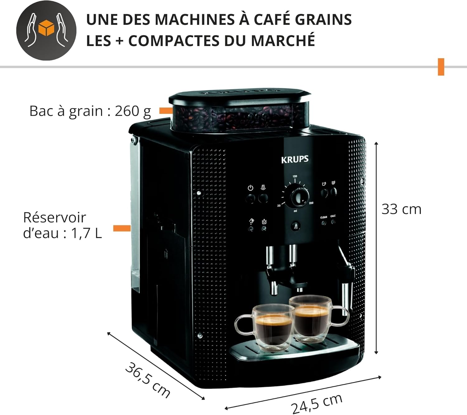 Krups Machine à café grain, 1,7 L, 2 tasses en simultané, Nettoyage automatique, Buse vapeur pour Cappuccino, Cafetière espresso, Essential noire YY8125FD